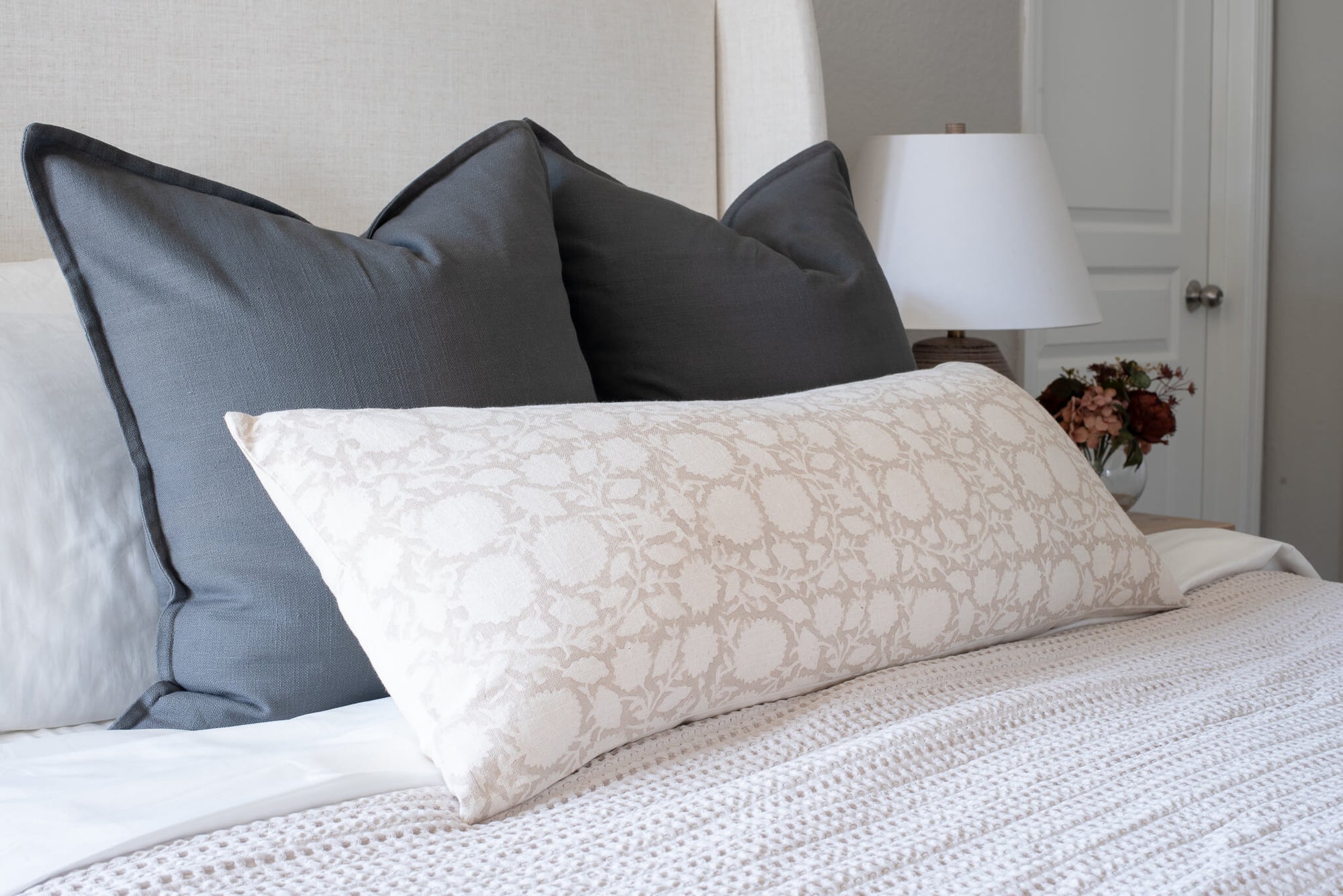 Luana Floral Block Printed Pillow Cover | Beige, Light Brown | Lumbar