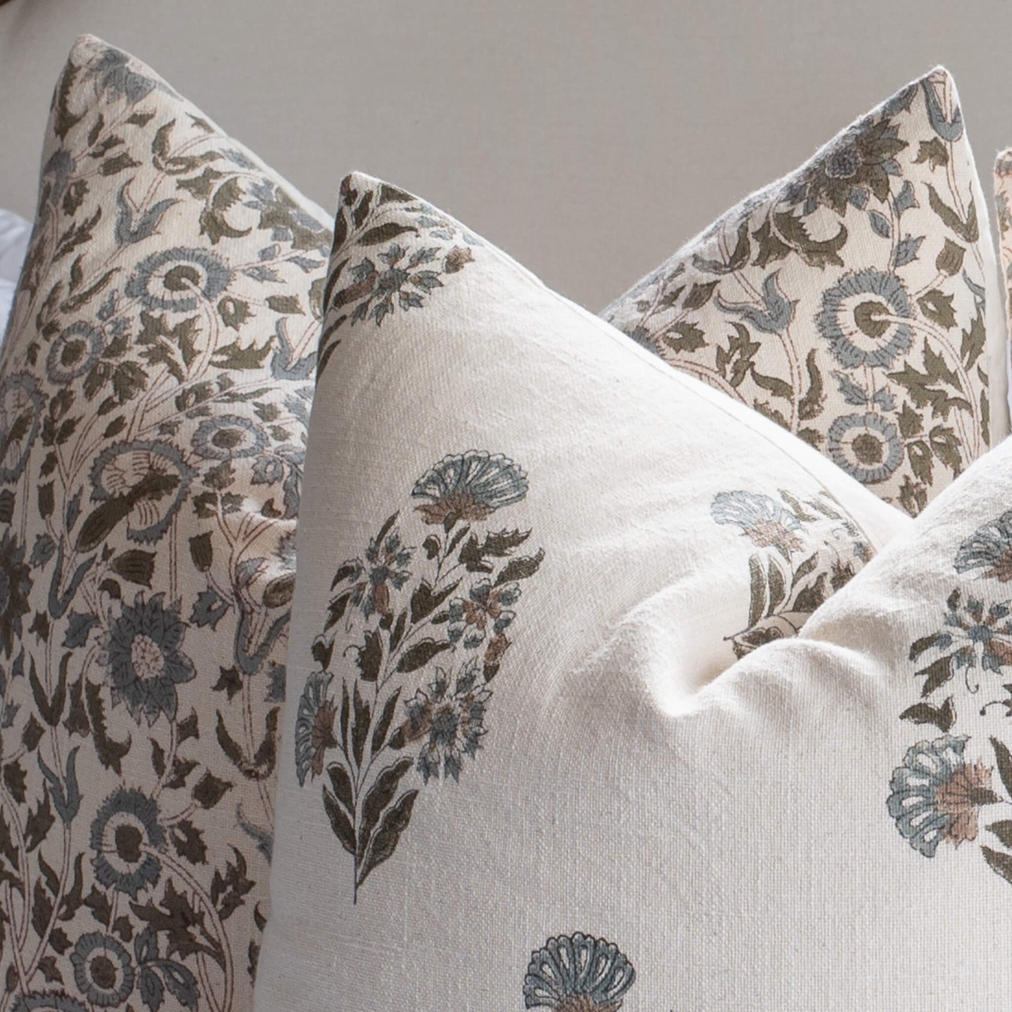 Briar Floral Block Printed Pillow Cover | Blue, Brown, Green