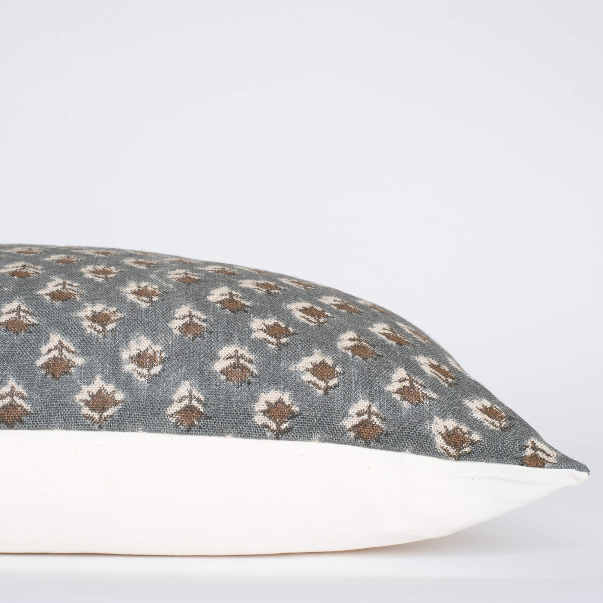 Aster Floral Block Printed Pillow Cover | Blue, Brown | Long Lumbar