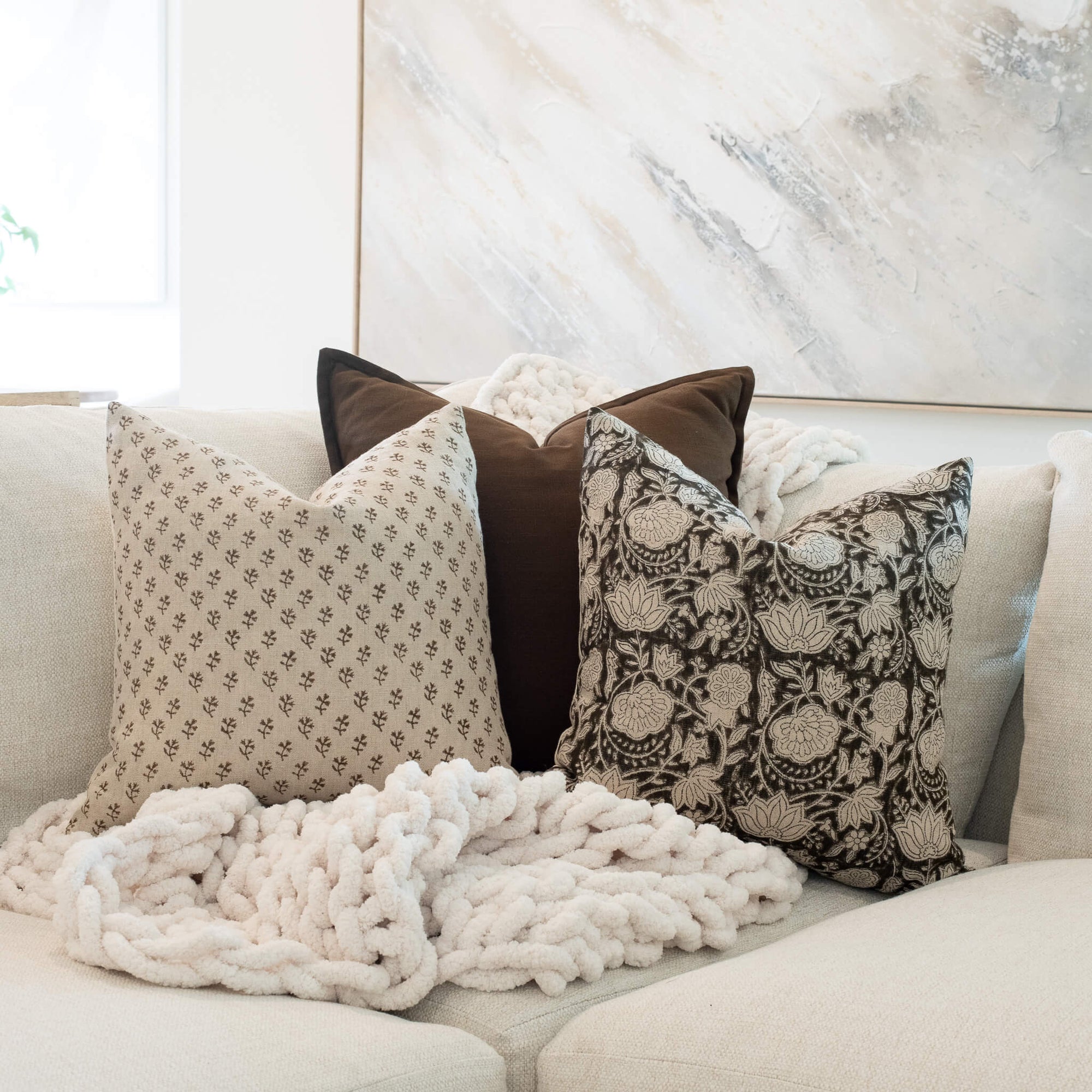 Auburn Floral Block Printed Pillow Cover | Brown