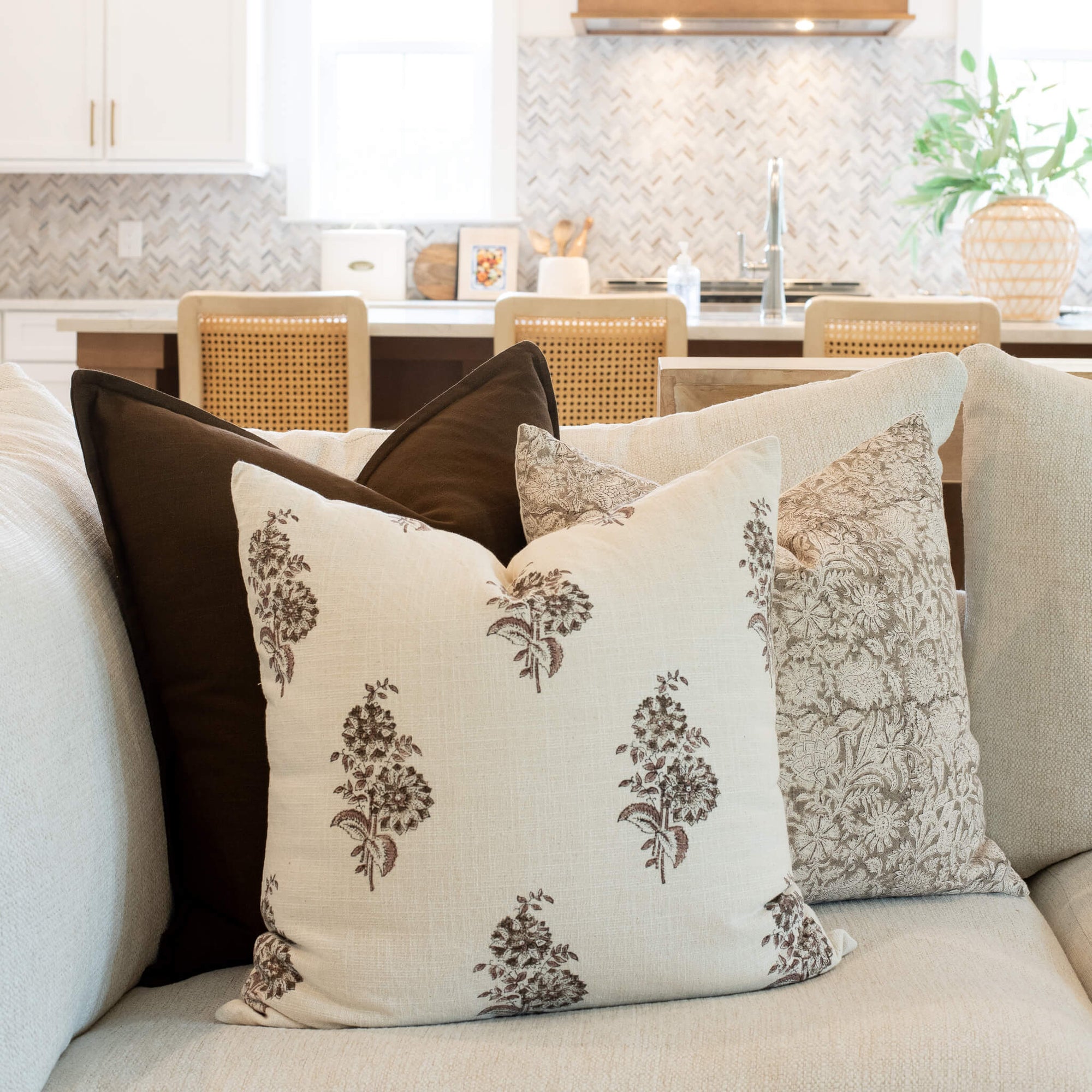 Marisol Floral Block Printed Pillow Cover | Brown