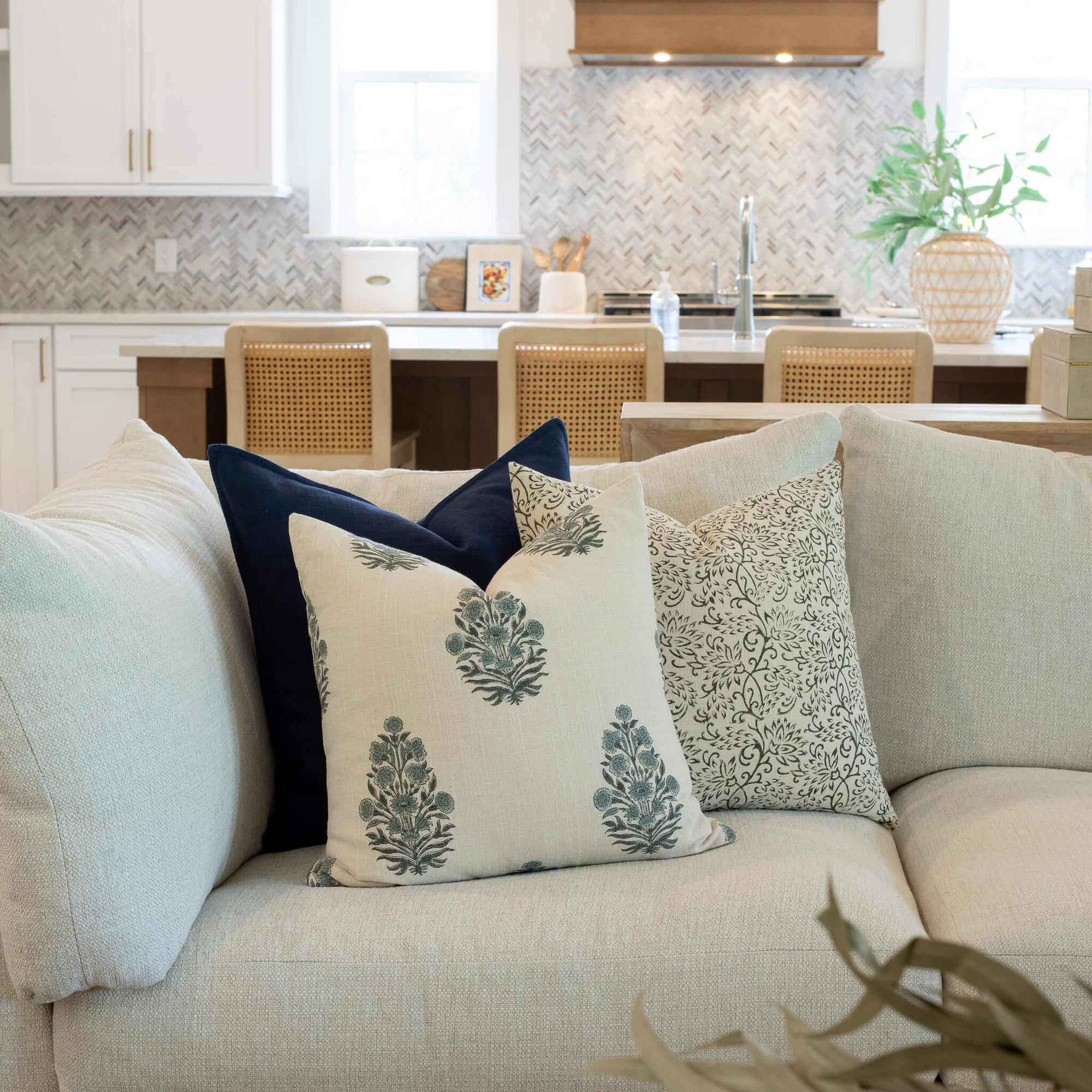 Azure Floral Block Printed Pillow Cover | Blue