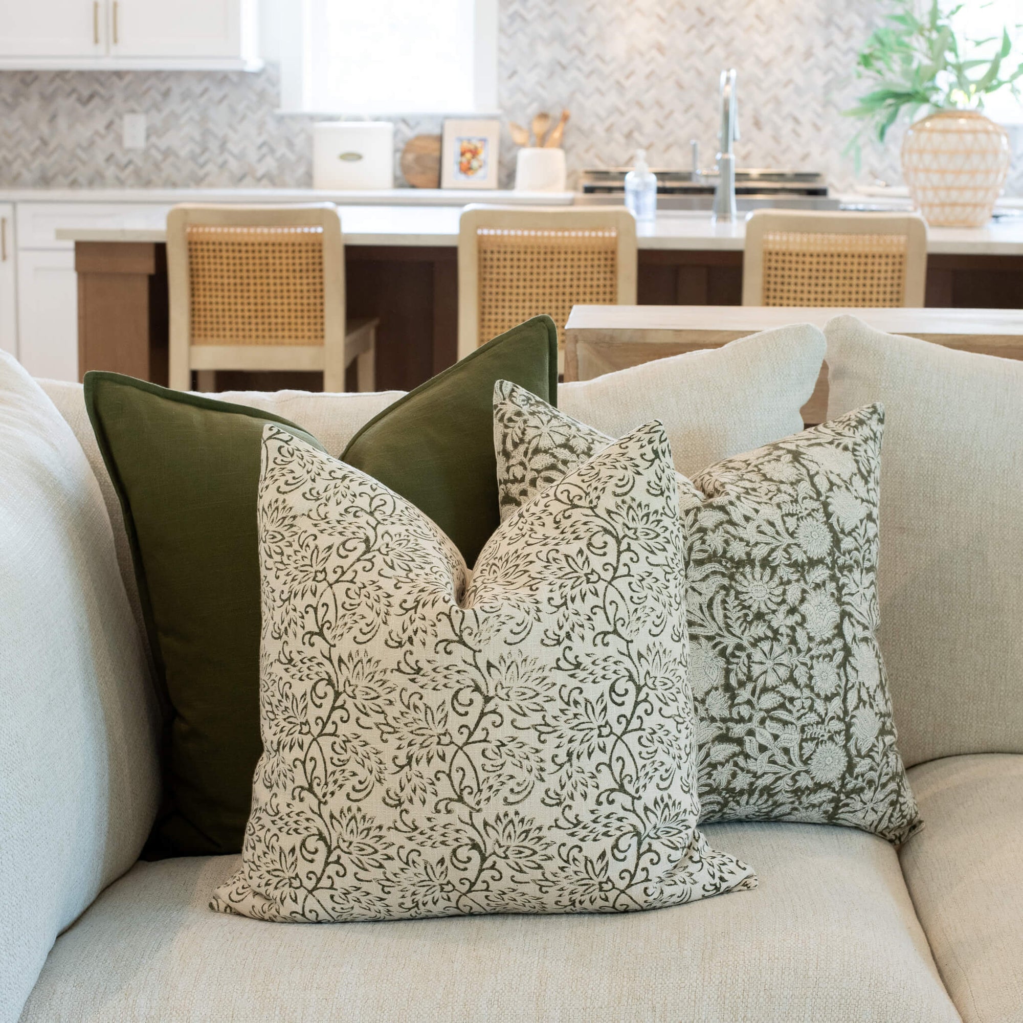 Everly Floral Block Printed Pillow Cover | Olive Green