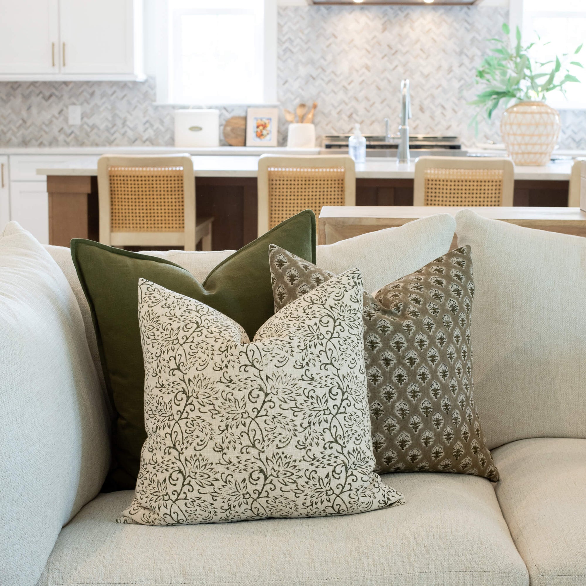 Everly Floral Block Printed Pillow Cover | Olive Green