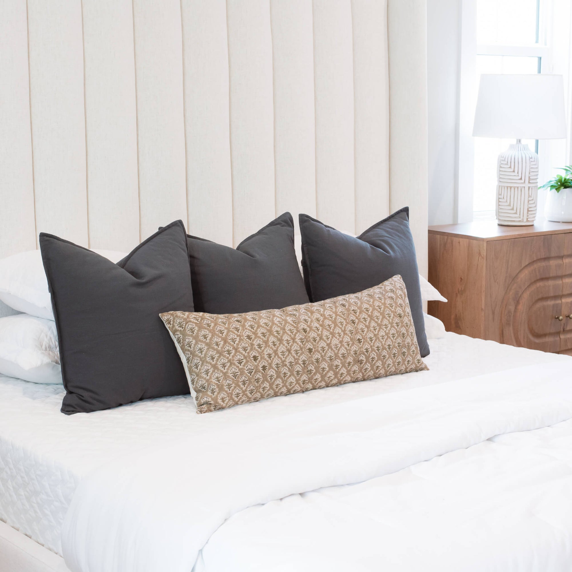 Rhea Floral Block Printed Pillow Cover | Mustard | Long Lumbar