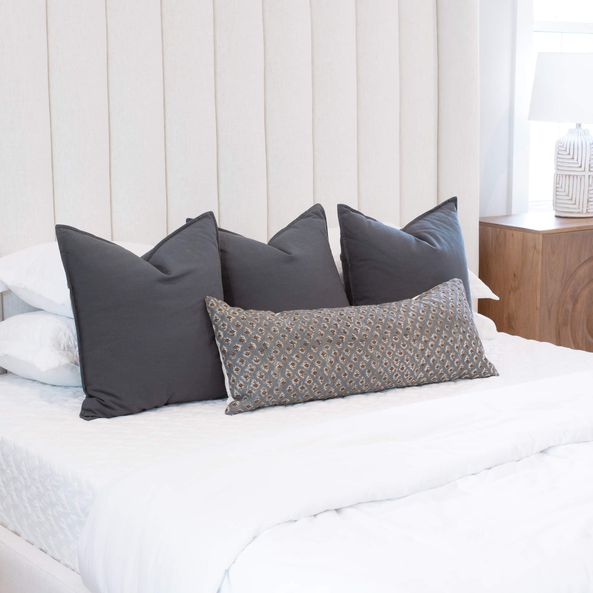 Aster Floral Block Printed Pillow Cover | Blue, Brown | Long Lumbar