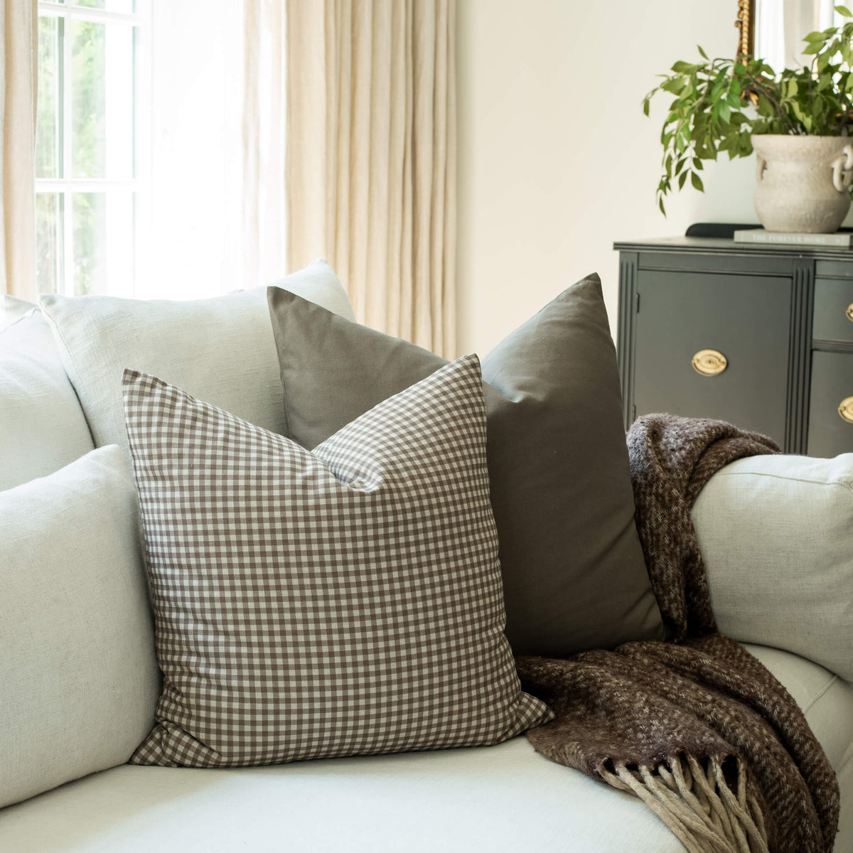 Elodie Taupe Gingham Pillow Cover