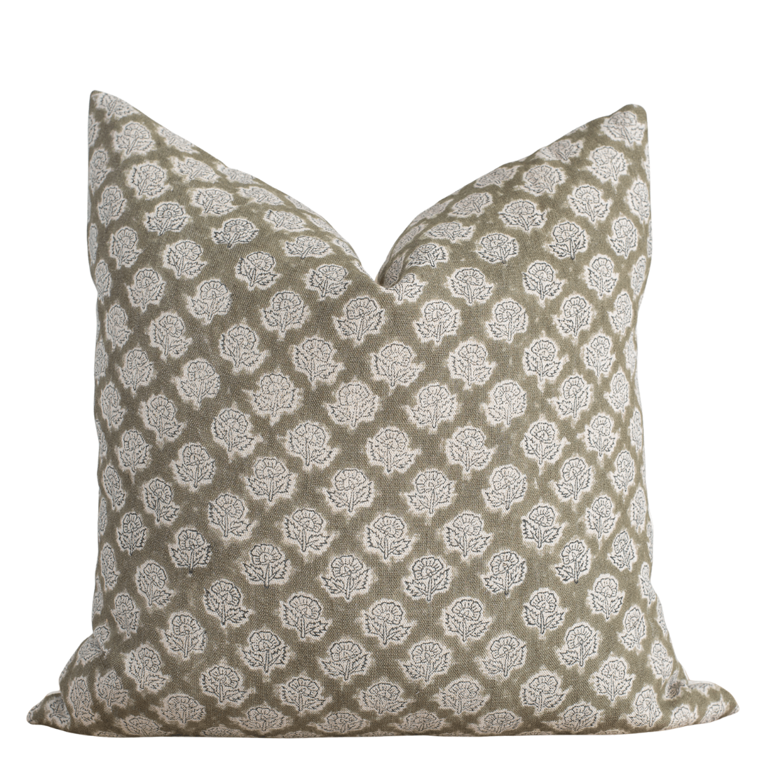 Fiora Floral Block Printed Pillow Cover | Olive Green