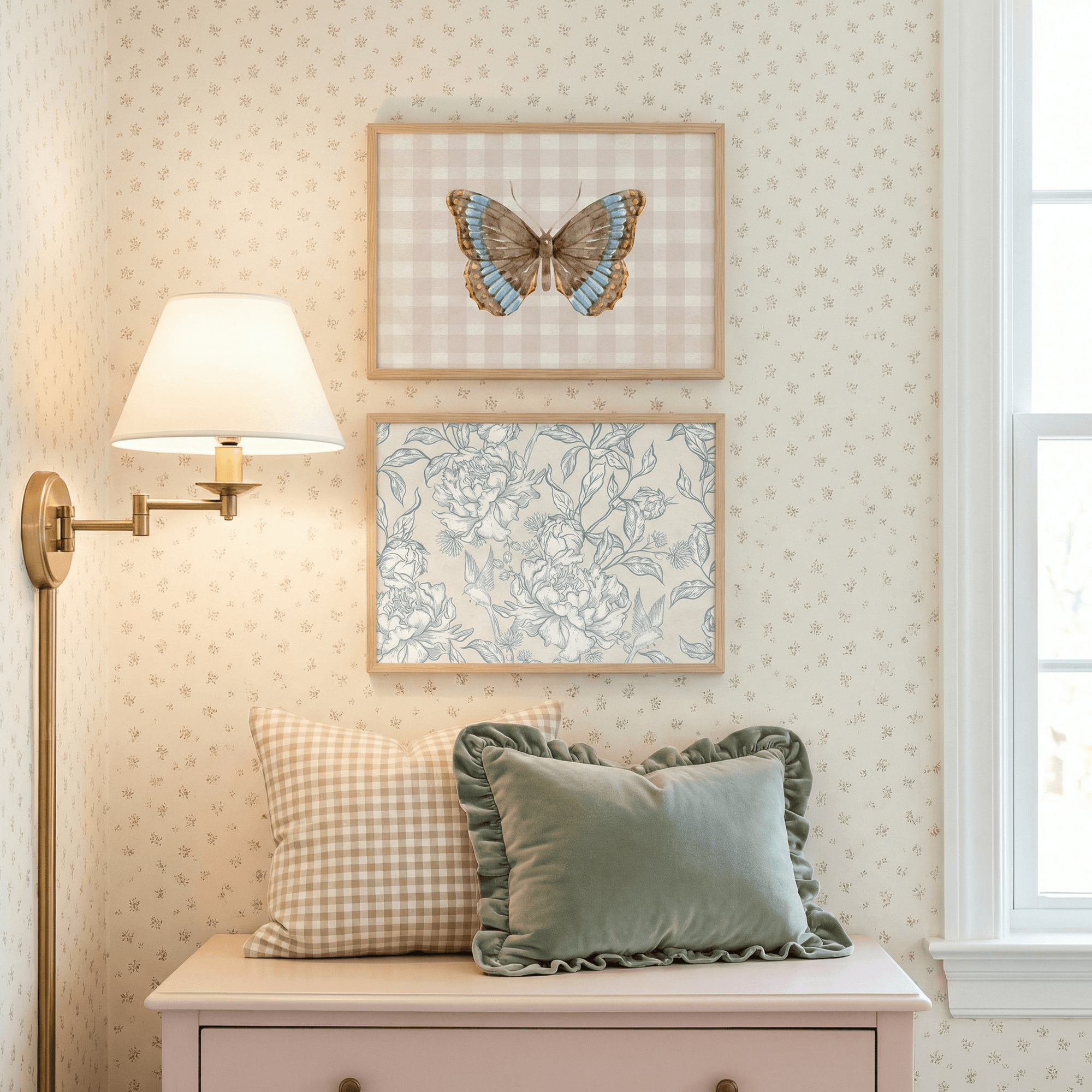 Butterfly on Gingham Art Print | Vintage Cottage Wall Art