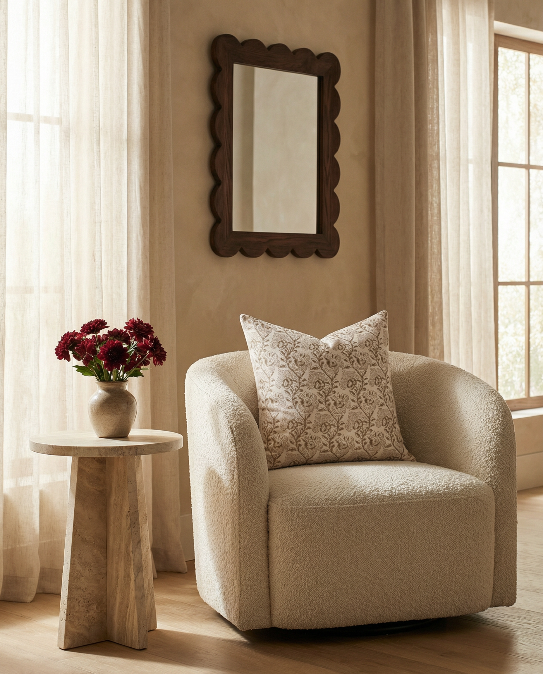 Magnolia Floral Block Printed Pillow Cover | Burgundy, Mustard