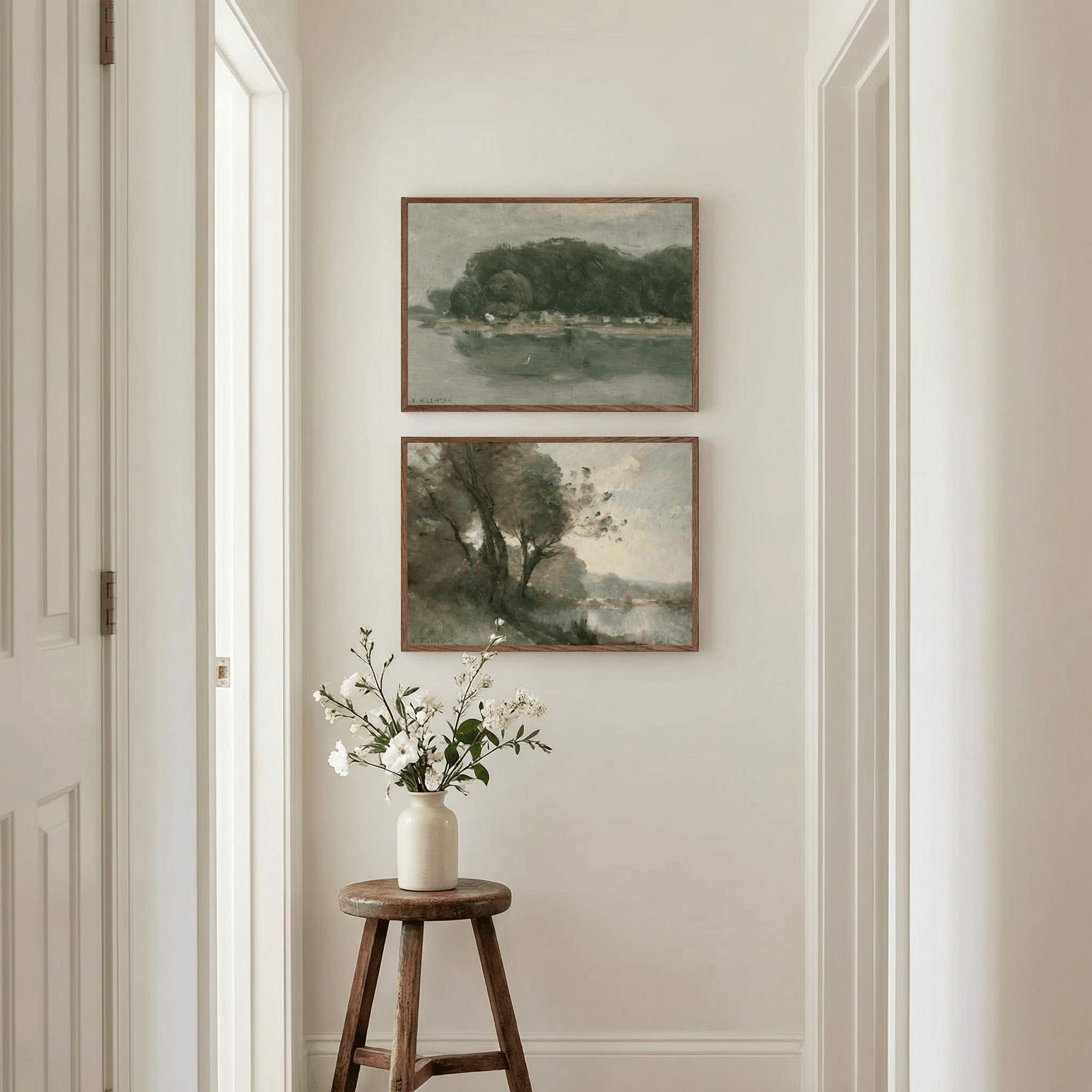 Vintage Riverside Landscape with Trees Fine Art Print