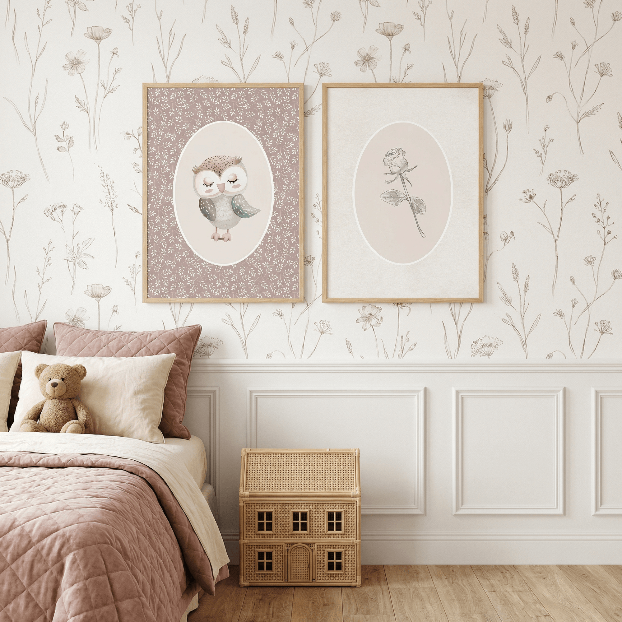 Owl Pink Botanical Art Print | Children's Room & Nursery Wall Art