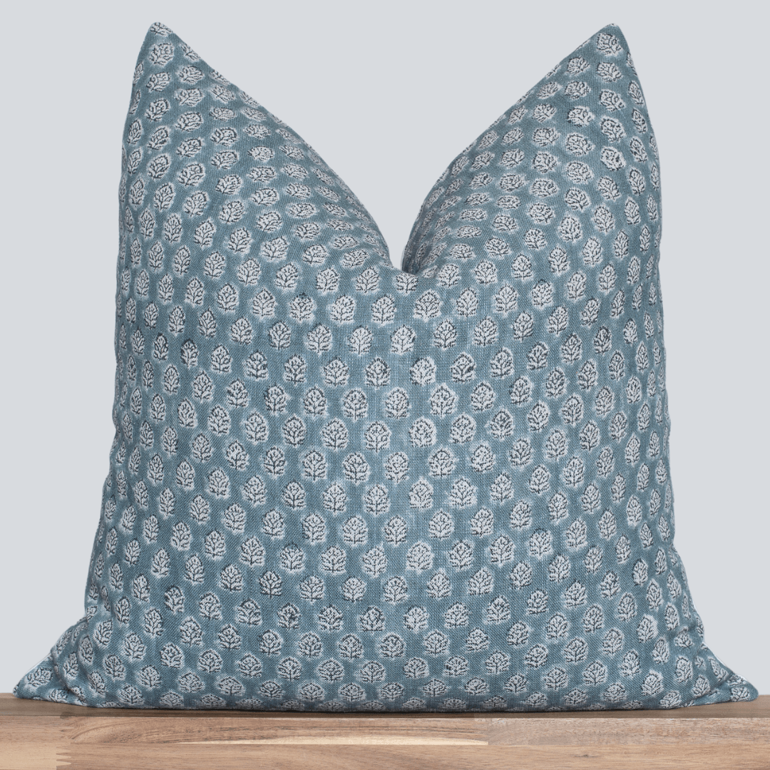 Luna Floral Block Printed Pillow Cover | Blue/Teal Green