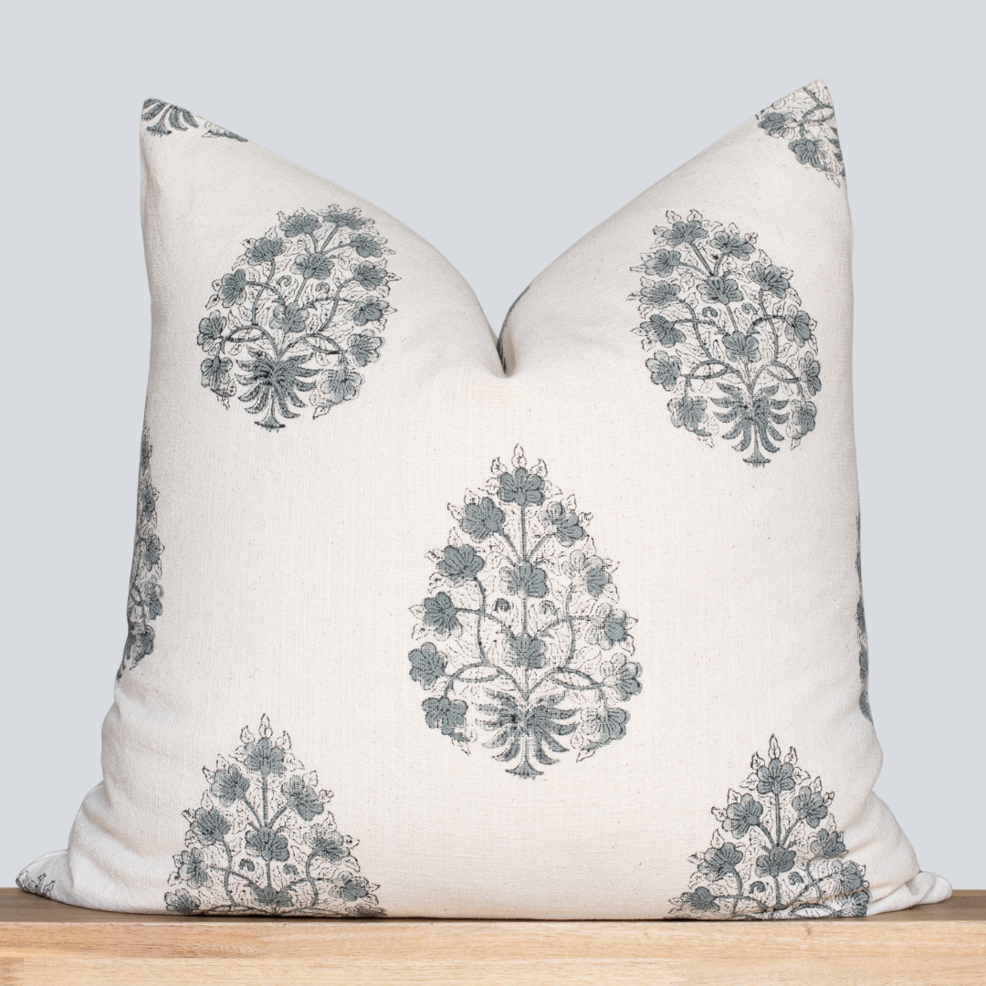 Capri Floral Block Printed Pillow Cover | Blue