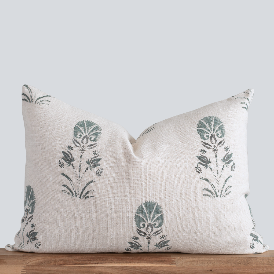 ** ARTISAN VARIATION ** Devi Floral Block Printed Pillow Cover | Teal Green/Blue | Lumbar