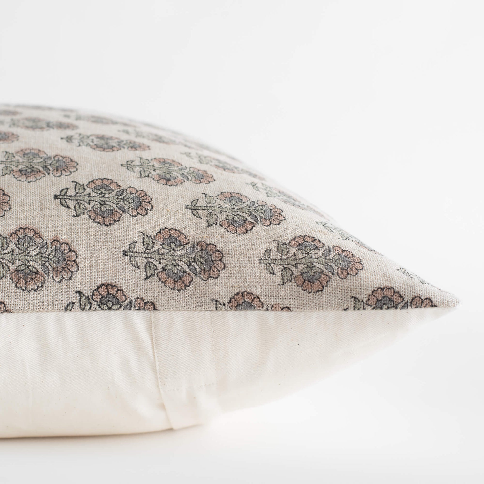 Calla Floral Block Printed Pillow Cover | Light Brown, Sage Green | Lumbar
