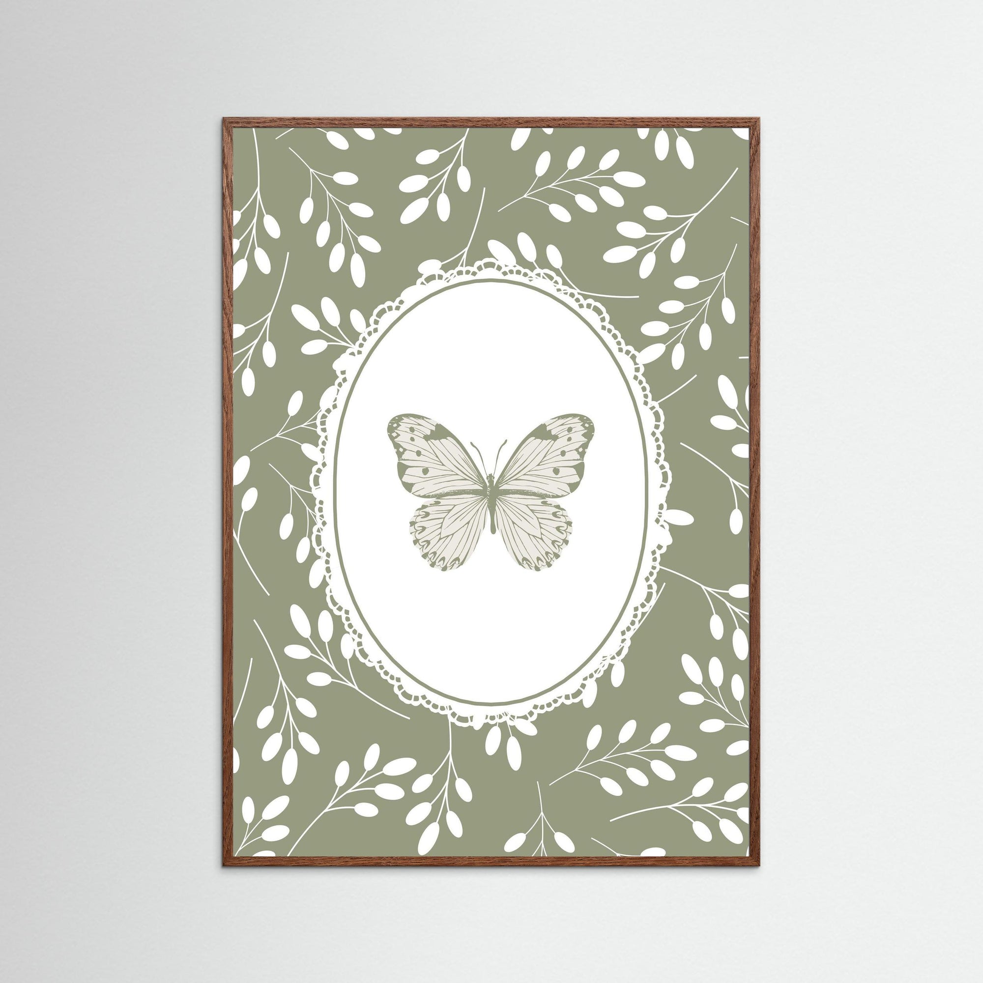 Green Butterfly Botanical Art Print | Children's Room Decor Oak Dark No border