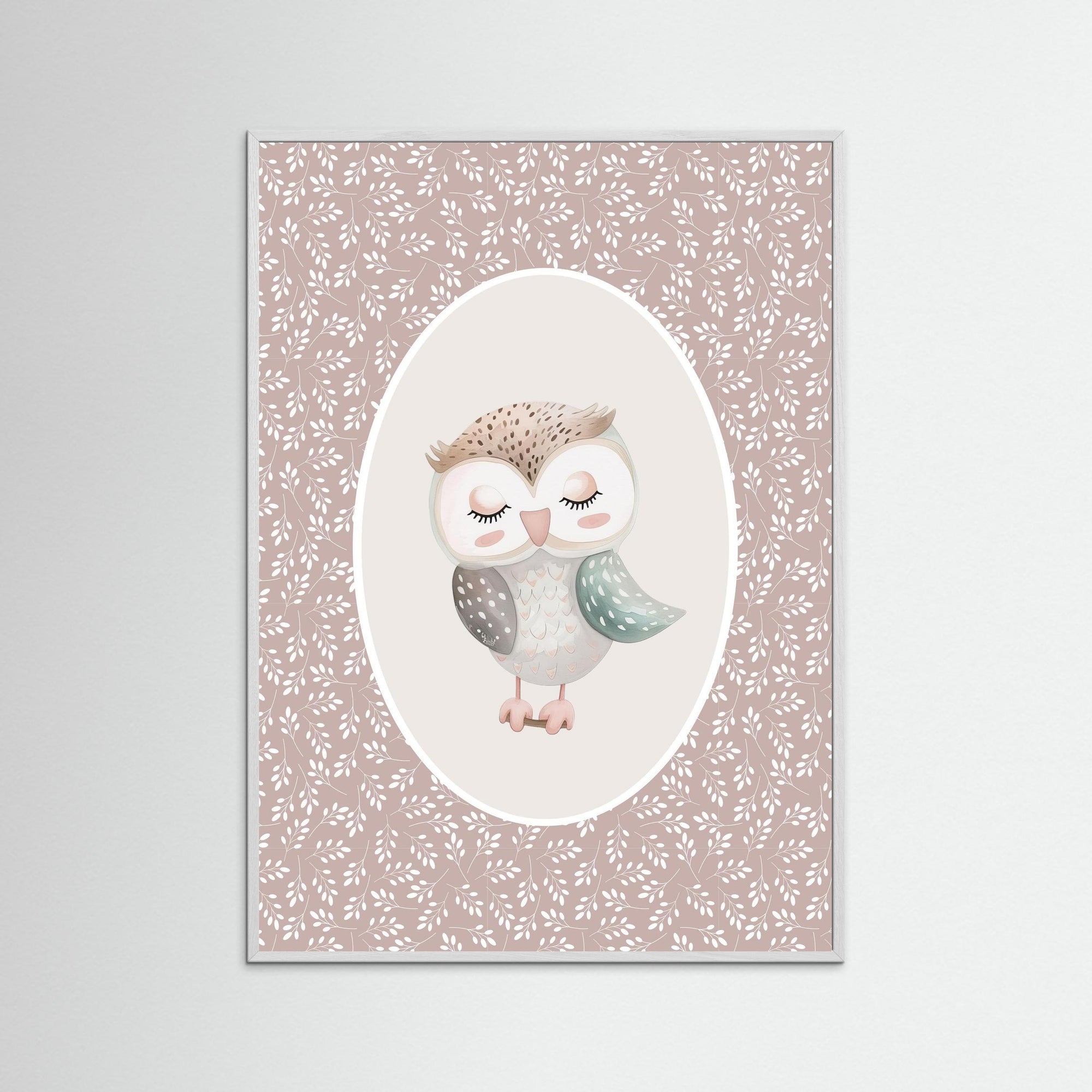 Owl Pink Botanical Art Print | Children's Room &amp; Nursery Wall Art White Wood