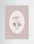 Owl Pink Botanical Art Print | Children's Room & Nursery Wall Art White Wood