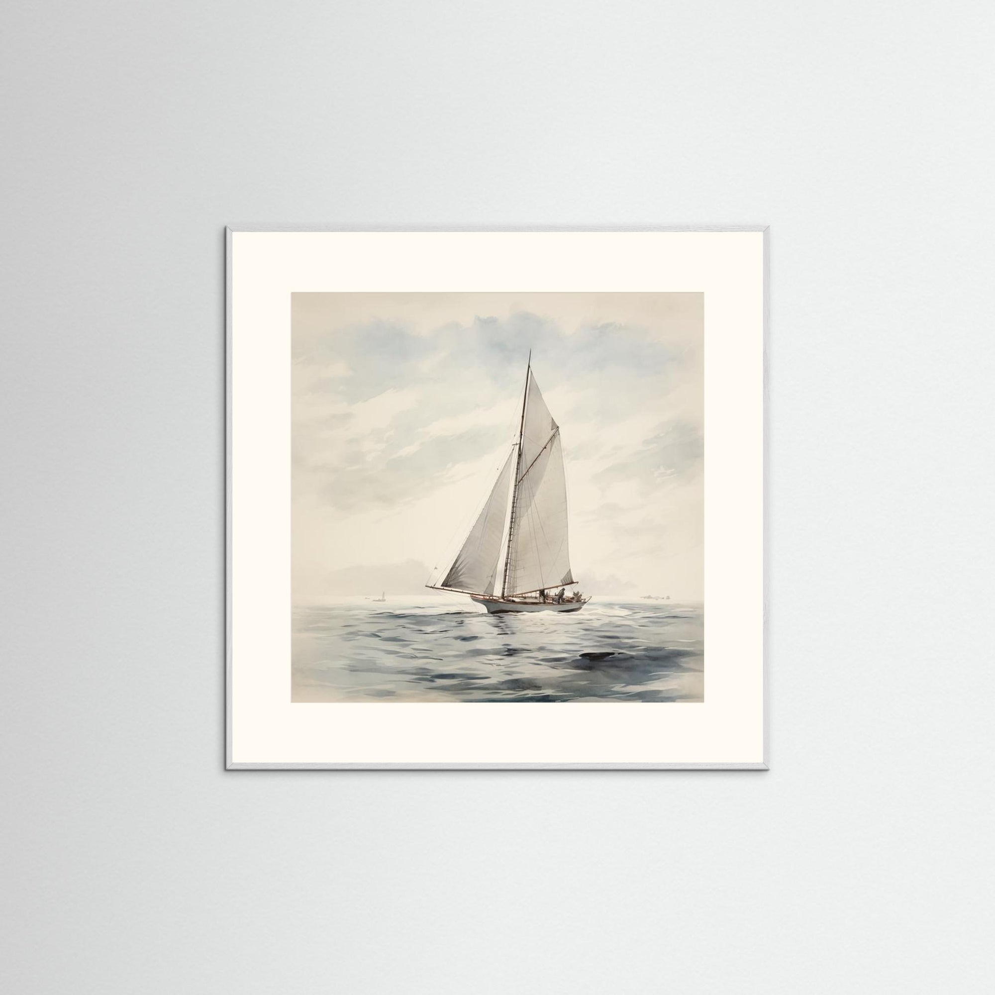 Soft Neutral Ocean Sailboat Print White Wood Freja