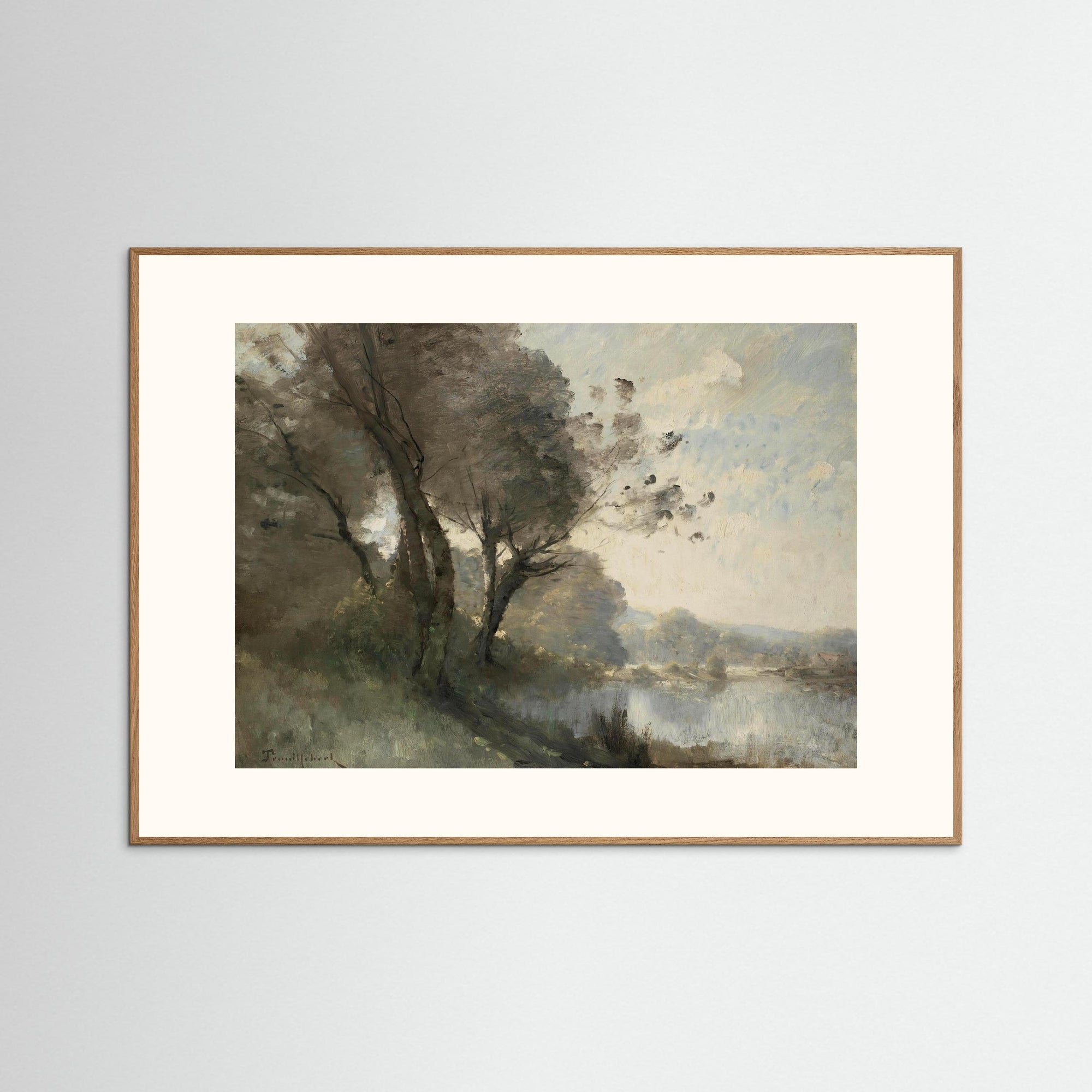 Vintage Riverside Landscape with Trees Fine Art Print Oak Nature Freja