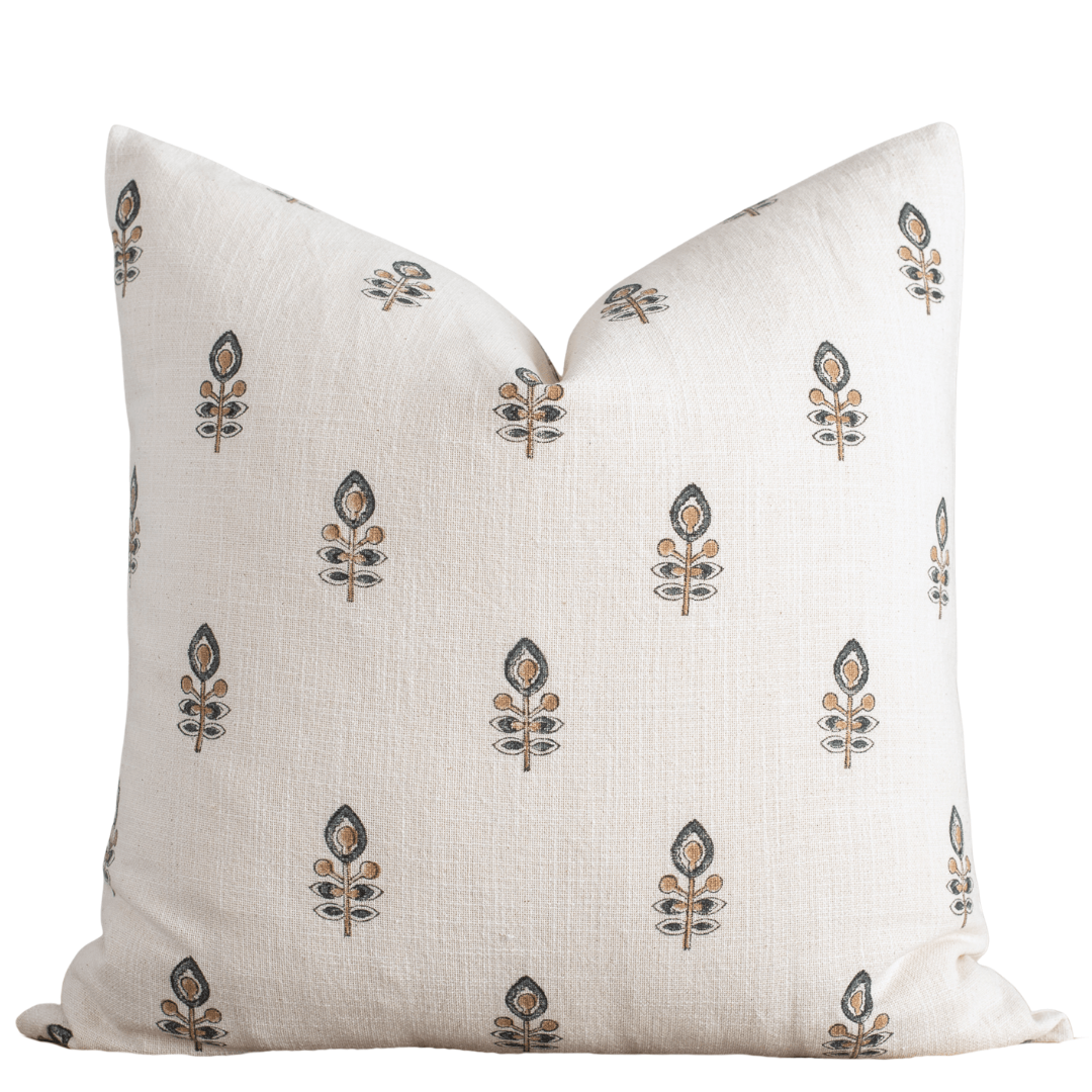 Marla Floral Block Printed Pillow Cover | Blue and Mustard