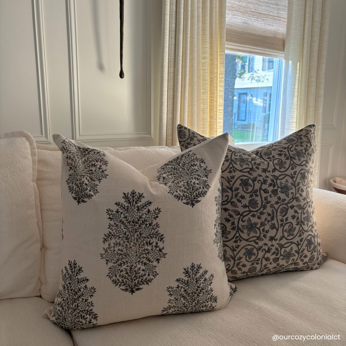 Juliette Floral Block Printed Pillow Cover | Blue, Mustard