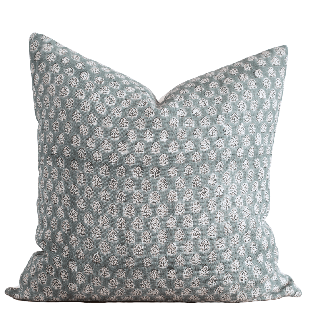 Luna Floral Block Printed Pillow Cover | Blue/Teal Green