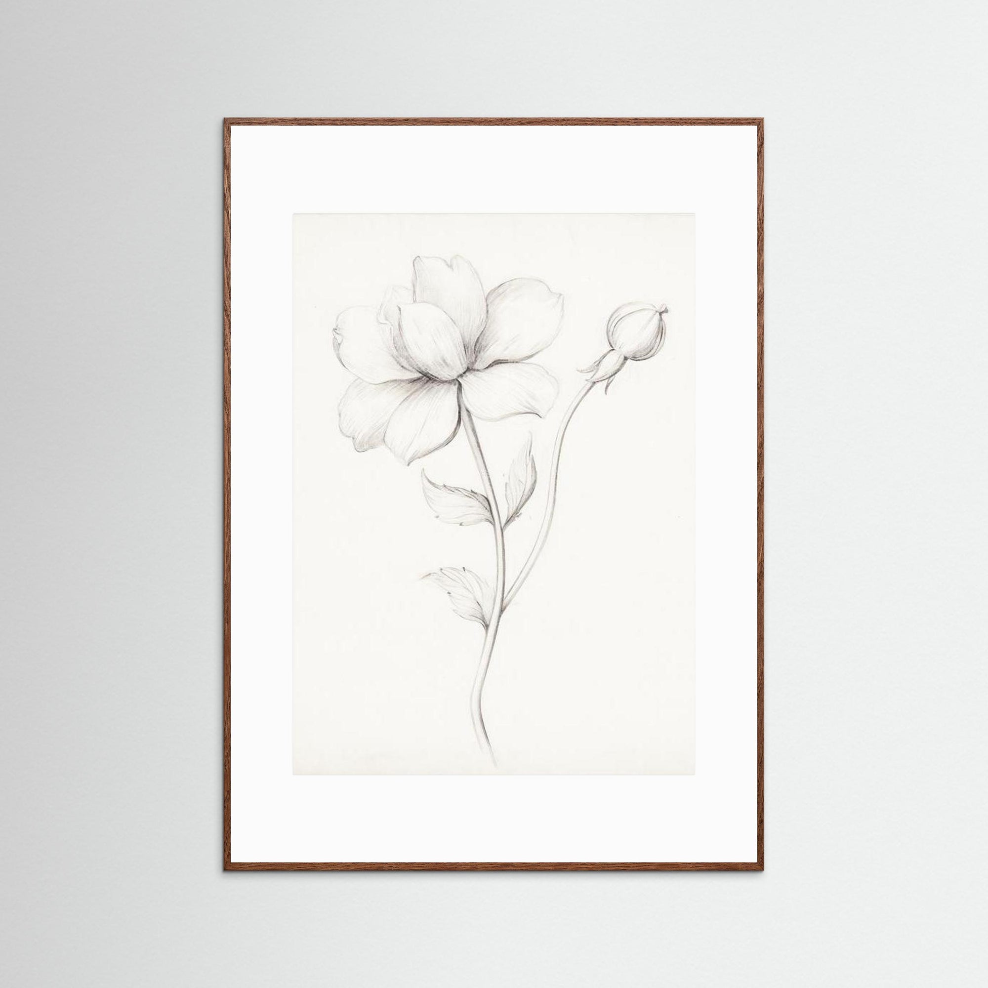 Floral Drawing Art Print Oak Dark White