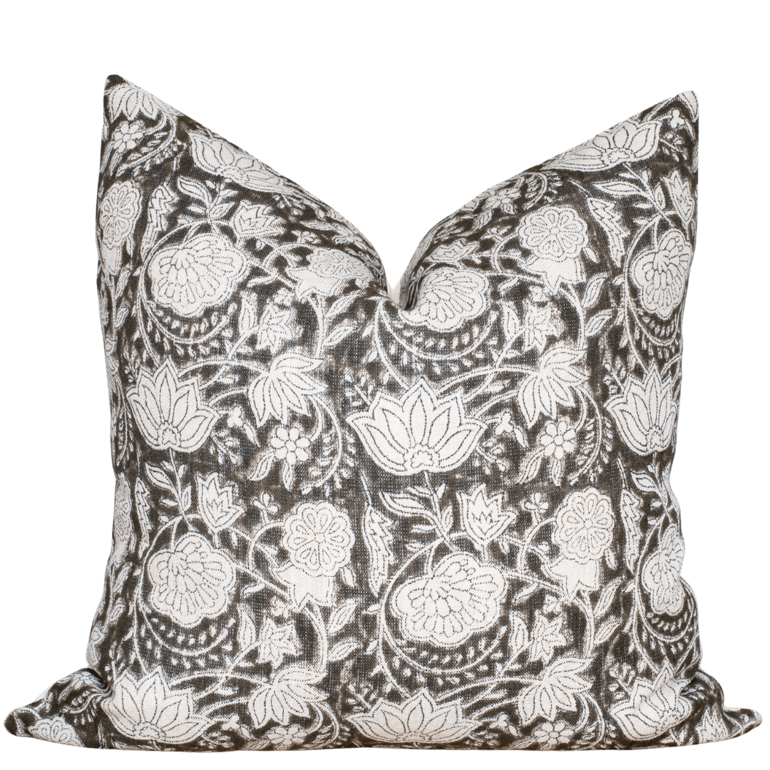 Auburn Floral Block Printed Pillow Cover | Brown