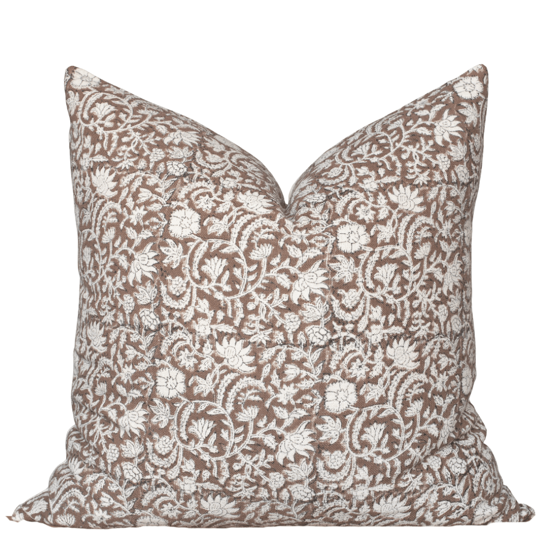 Nina Floral Block Printed Pillow Cover Brown