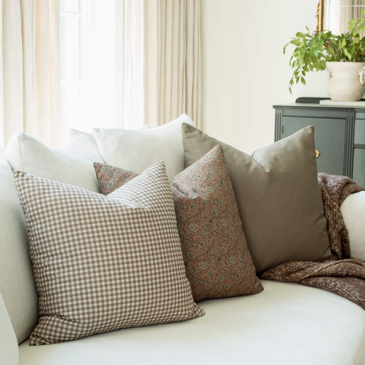 Elodie Taupe Gingham Pillow Cover