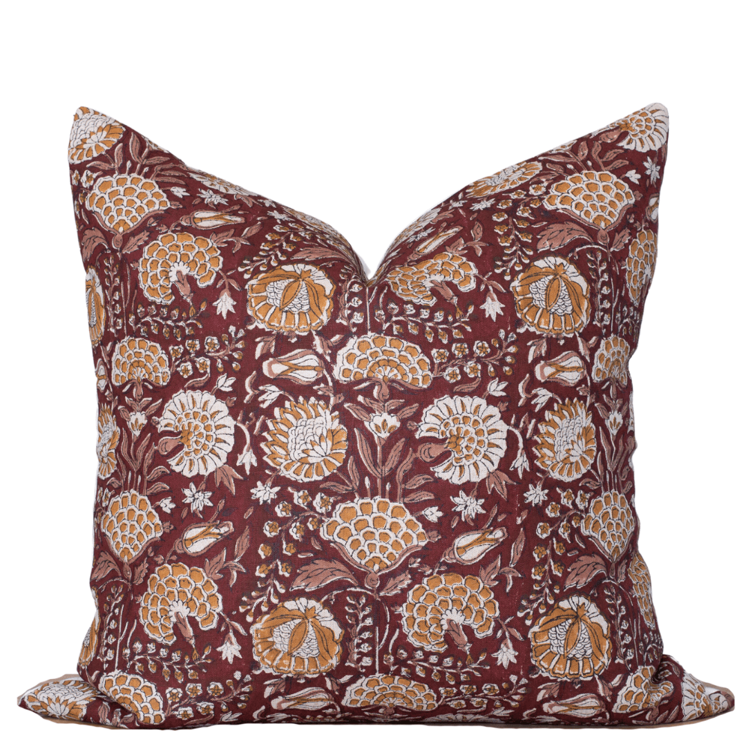 Lena Floral Block Printed Pillow Cover | Burgundy, Mustard, Rosy Brown