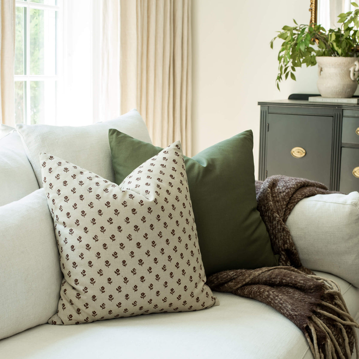 Leme Olive Green Cotton Pillow Cover