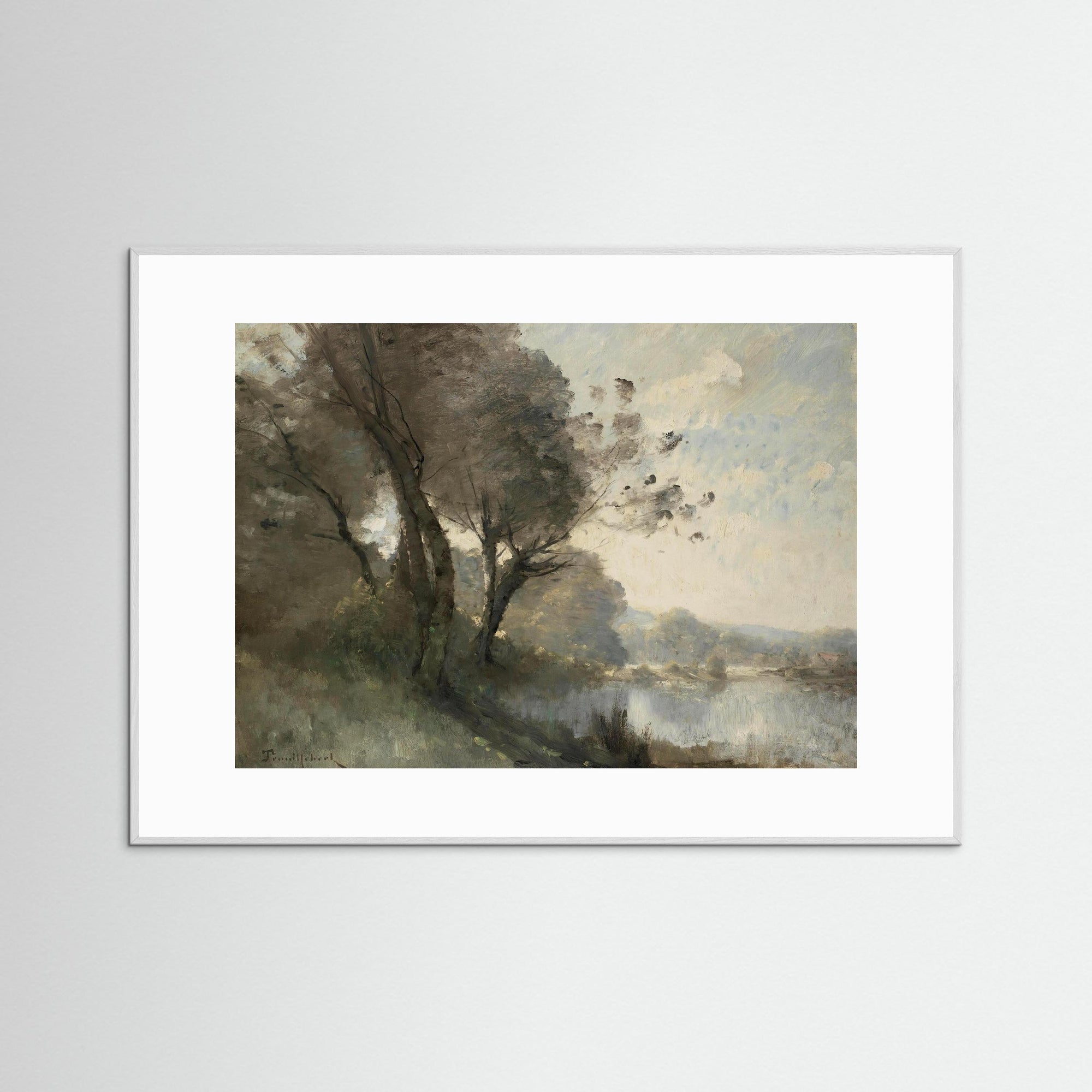 Vintage Riverside Landscape with Trees Fine Art Print White Wood White