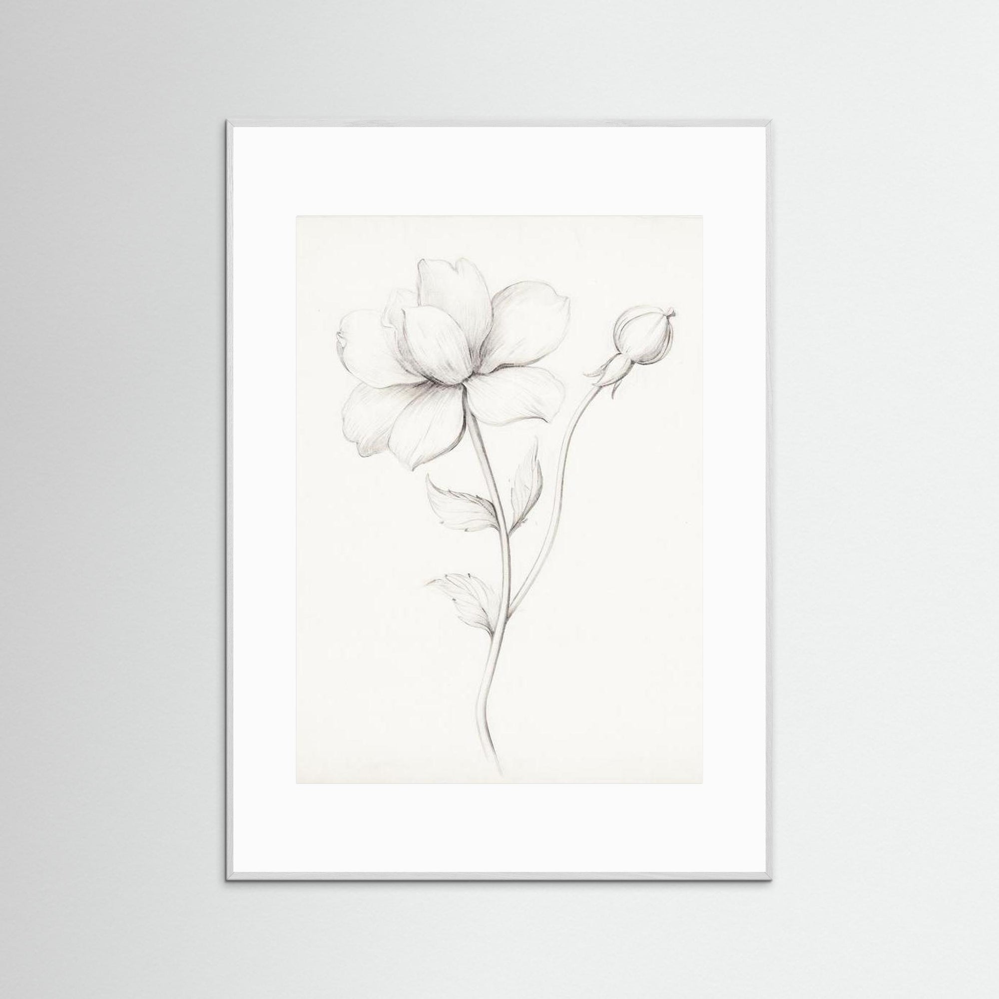 Floral Drawing Art Print White Wood White