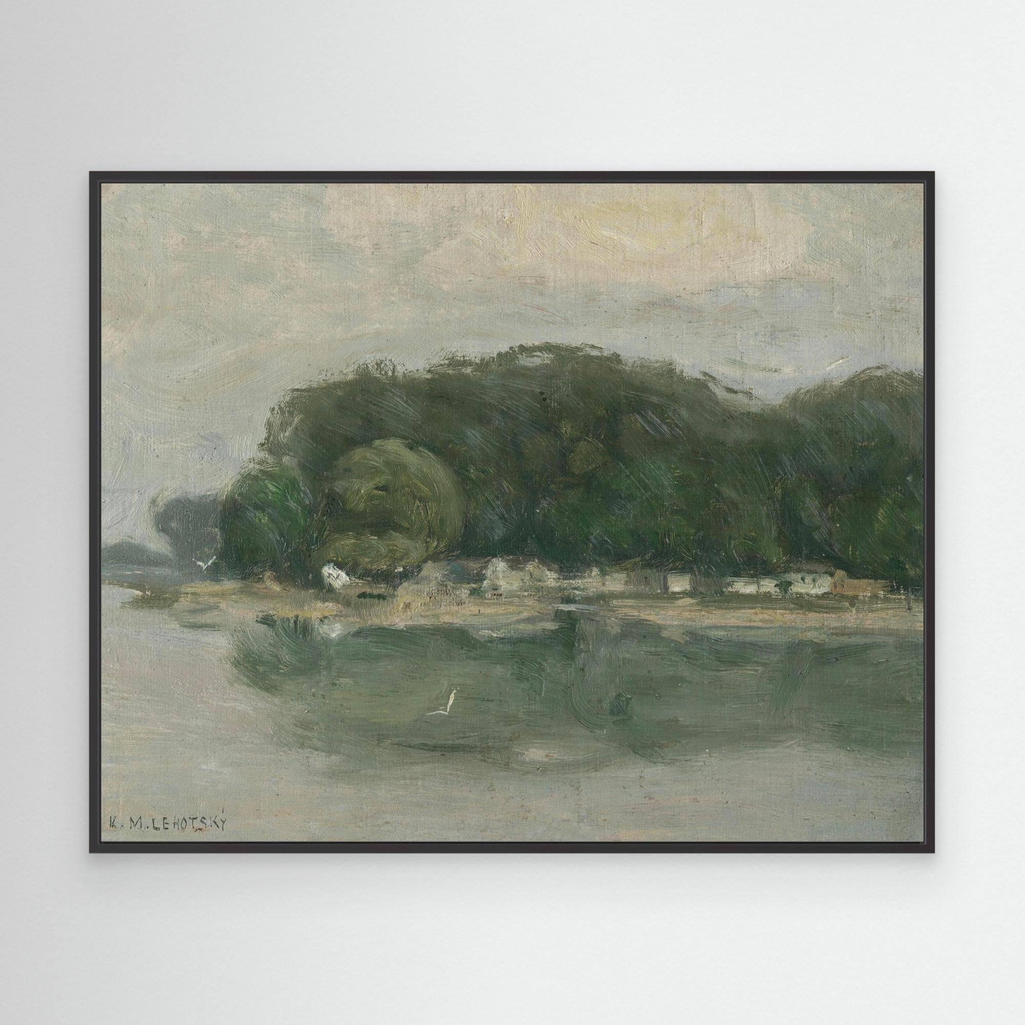 Vintage European Riverside Village Landscape Canvas Black