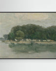 Vintage European Riverside Village Landscape Canvas Black