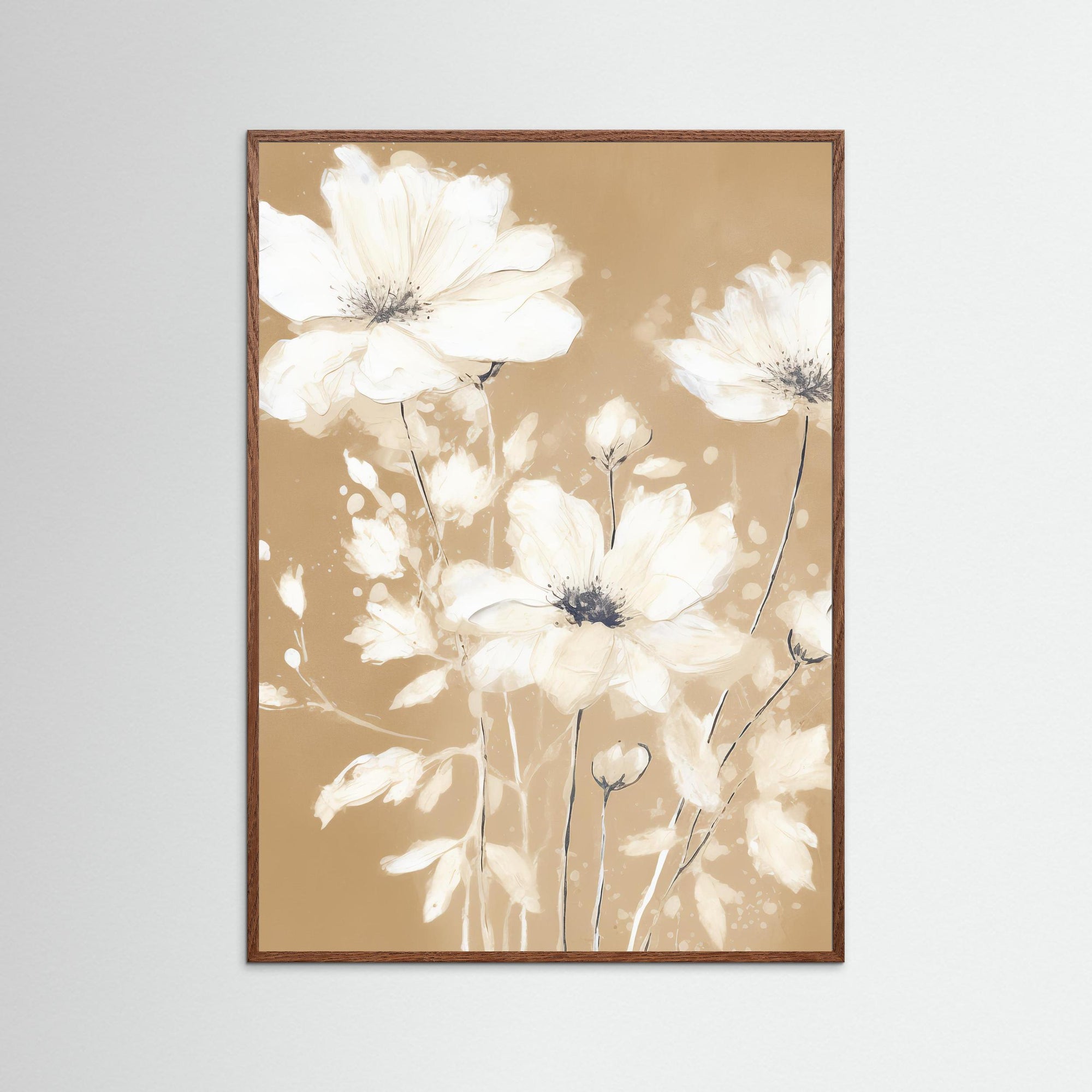 Neutral White Flowers Floral Art Print Oak Dark No border
