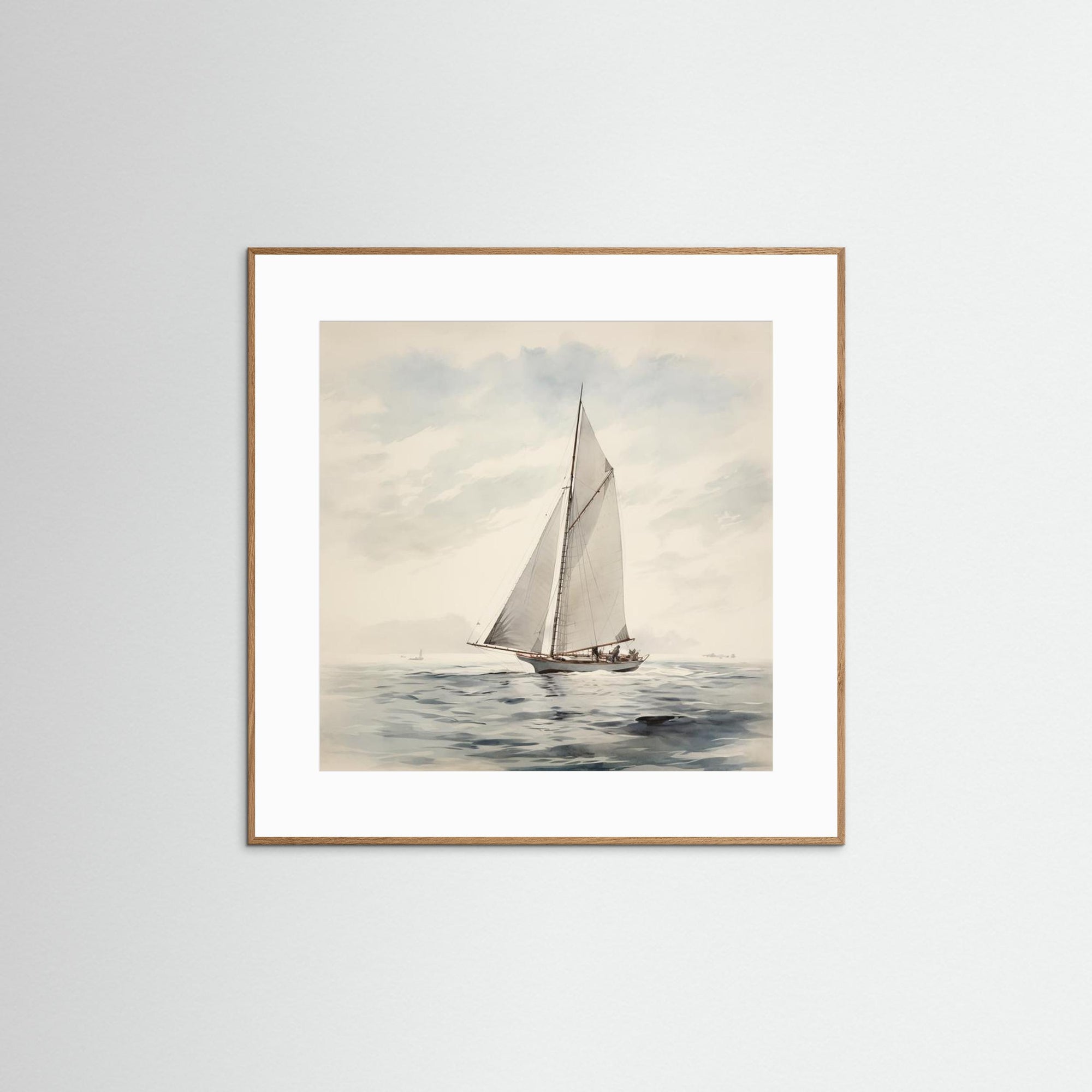 Soft Neutral Ocean Sailboat Print Oak Nature White