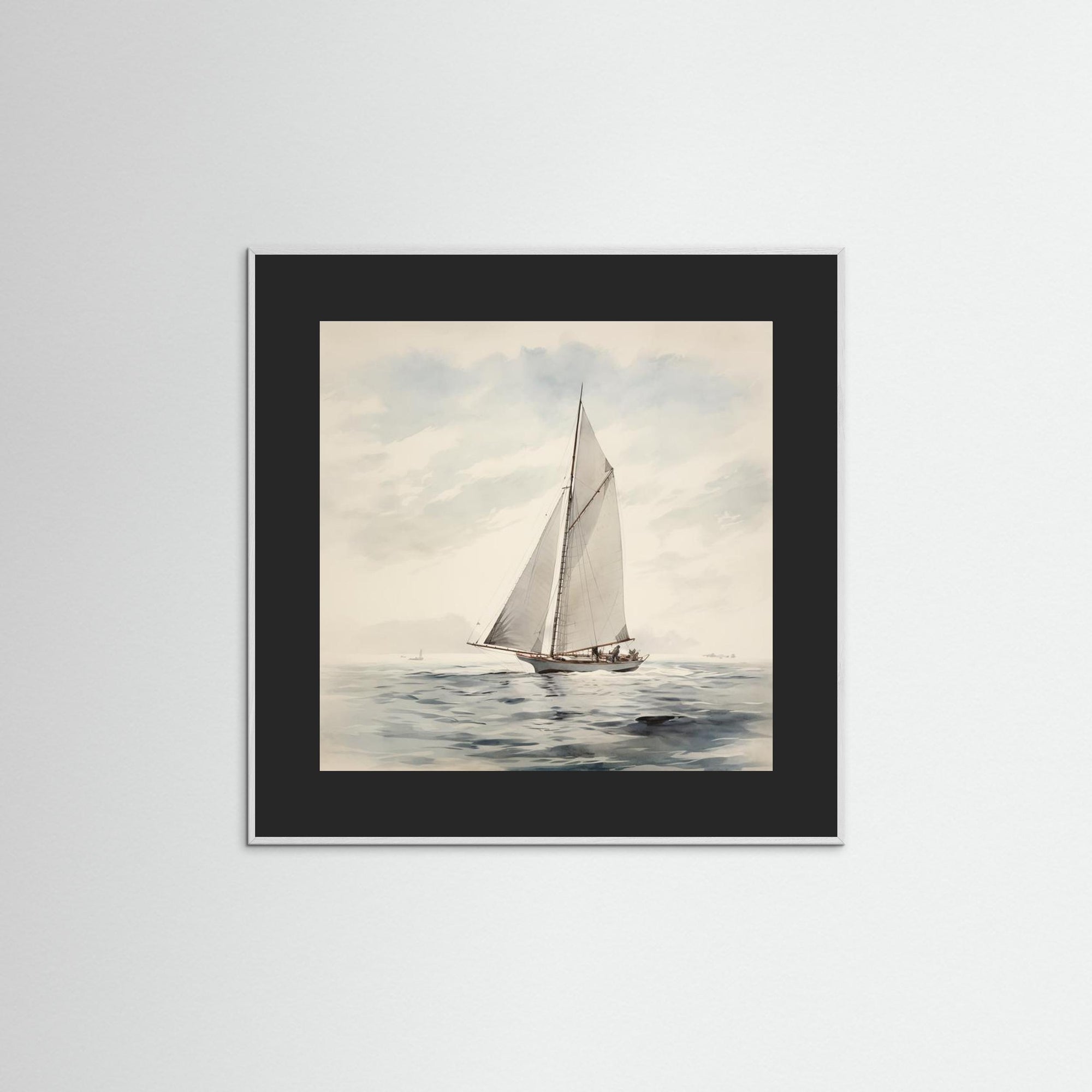 Soft Neutral Ocean Sailboat Print White Wood Black