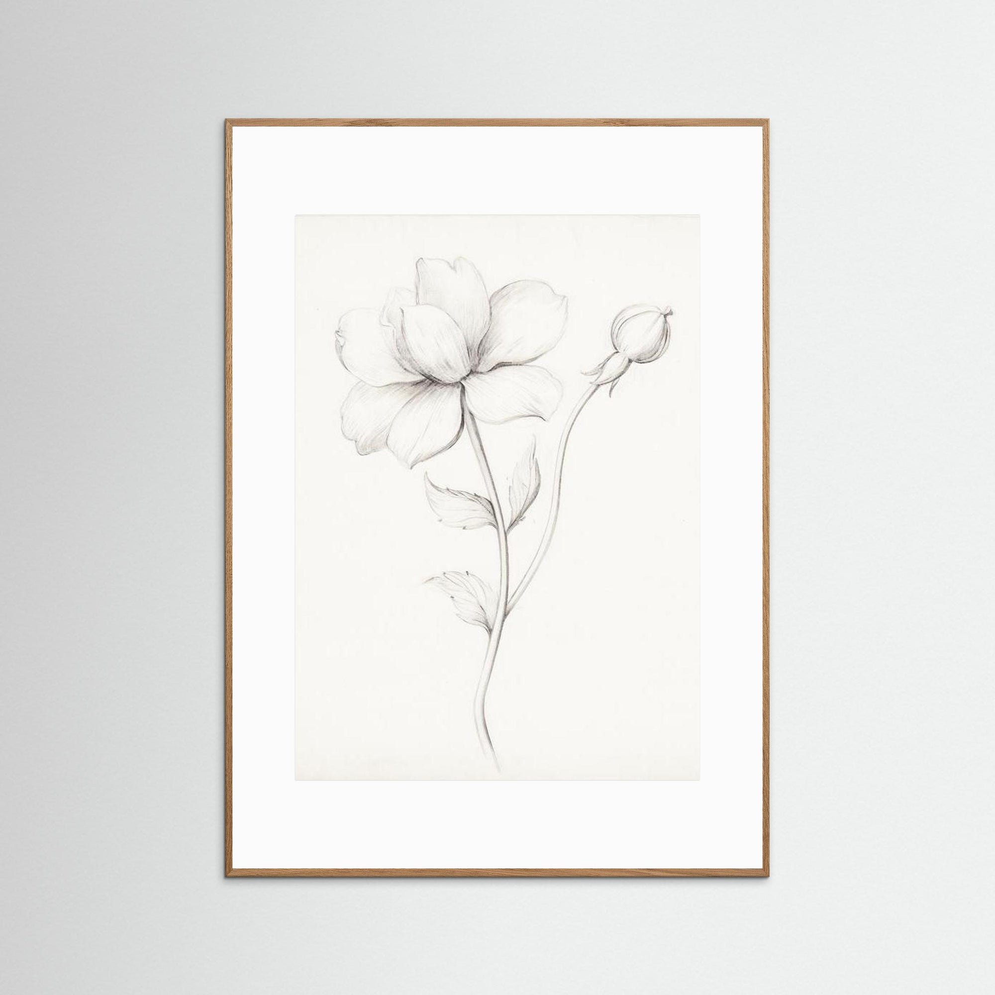 Floral Drawing Art Print Oak Nature White