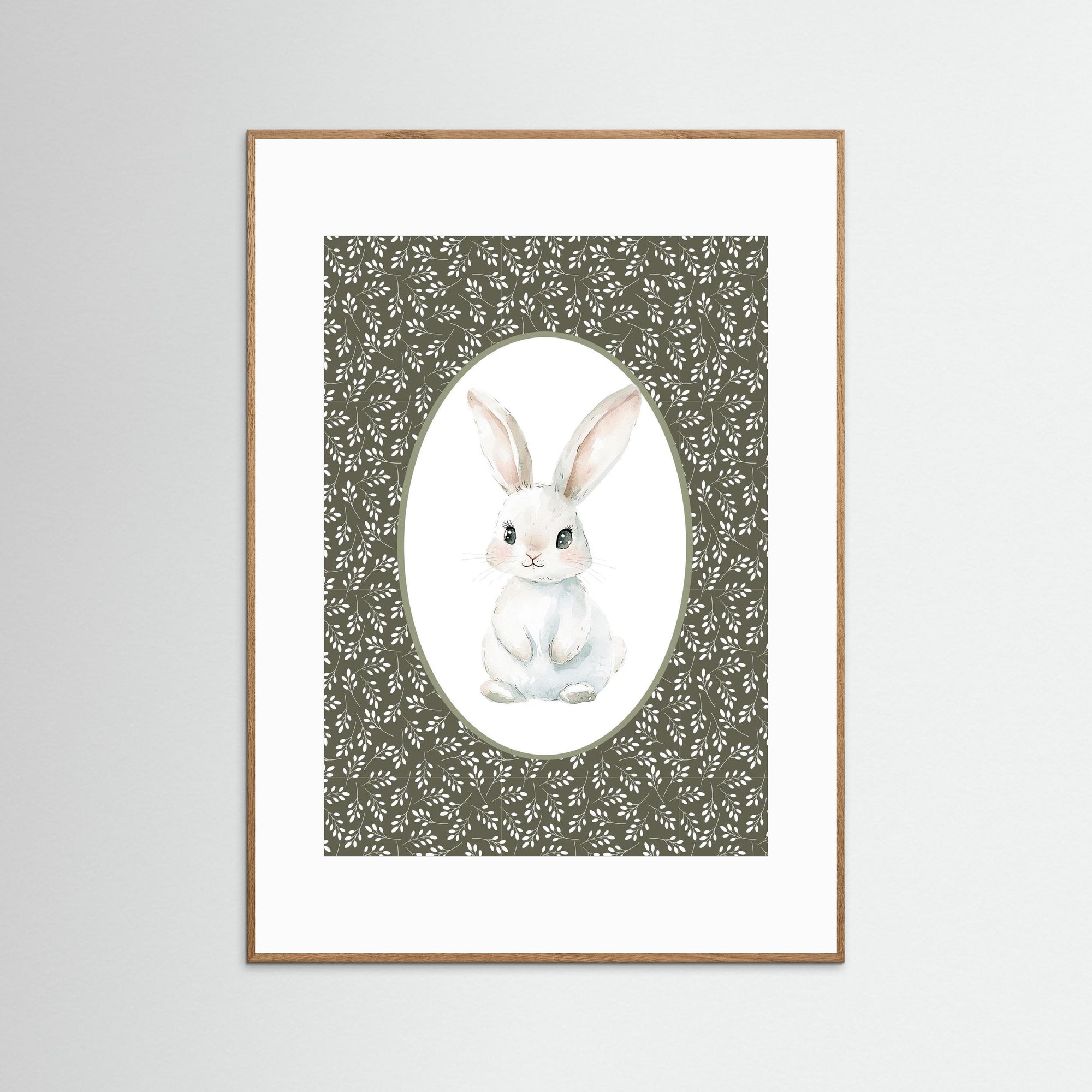 Bunny Green Botanical Art Print | Children's Room &amp; Nursery Wall Art Oak Nature White