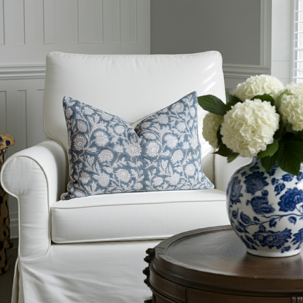 Estelle Floral Block Printed Pillow Cover | Blue, Mustard | Lumbar