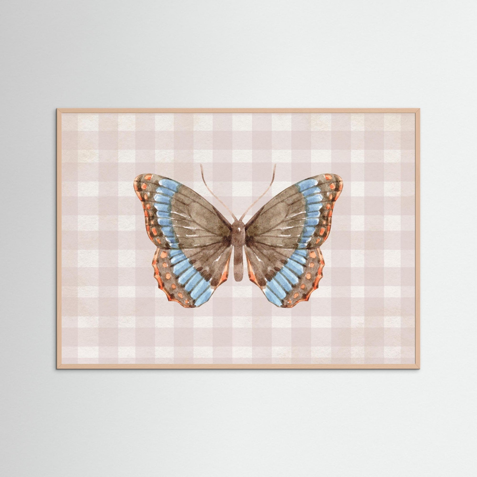 Butterfly on Gingham Art Print | Vintage Cottage Wall Art Rose Wood
