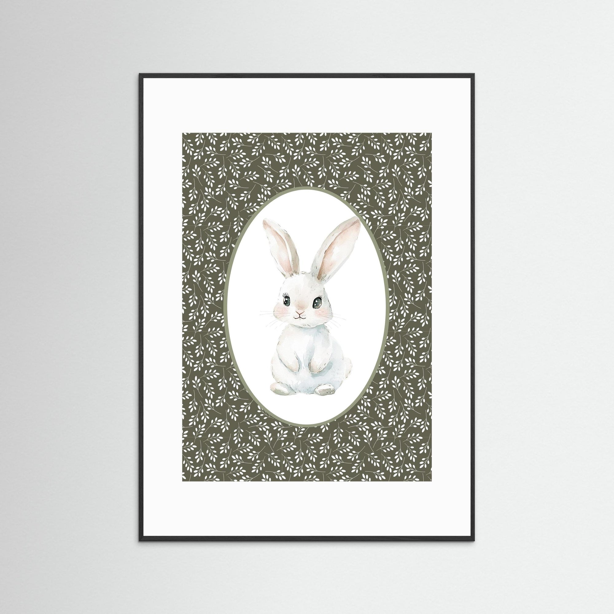 Bunny Green Botanical Art Print | Children's Room &amp; Nursery Wall Art Black Wood White