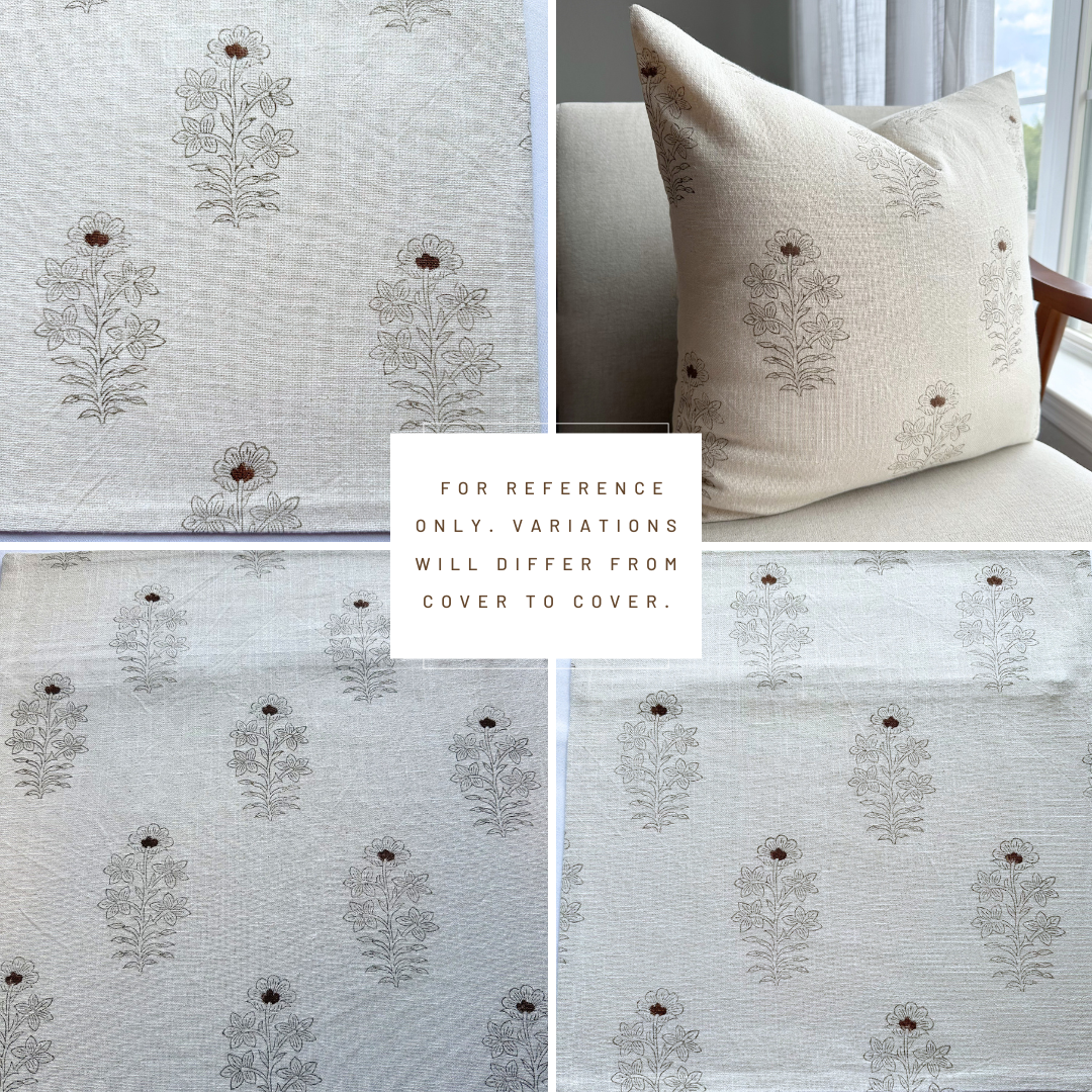 ** ARTISAN VARIATION ** Ella Floral Block Printed Pillow Cover | Light Brown + Terracotta Detail