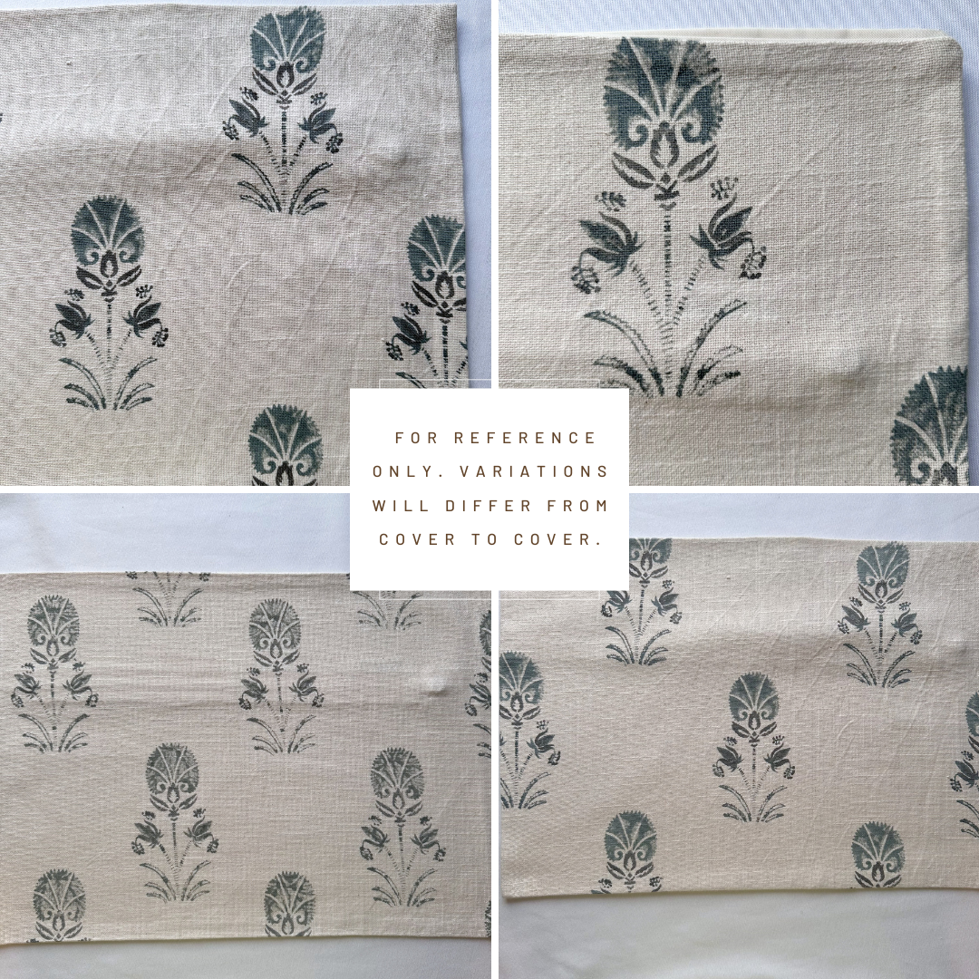 ** ARTISAN VARIATION ** Devi Floral Block Printed Pillow Cover | Teal Green/Blue | Lumbar