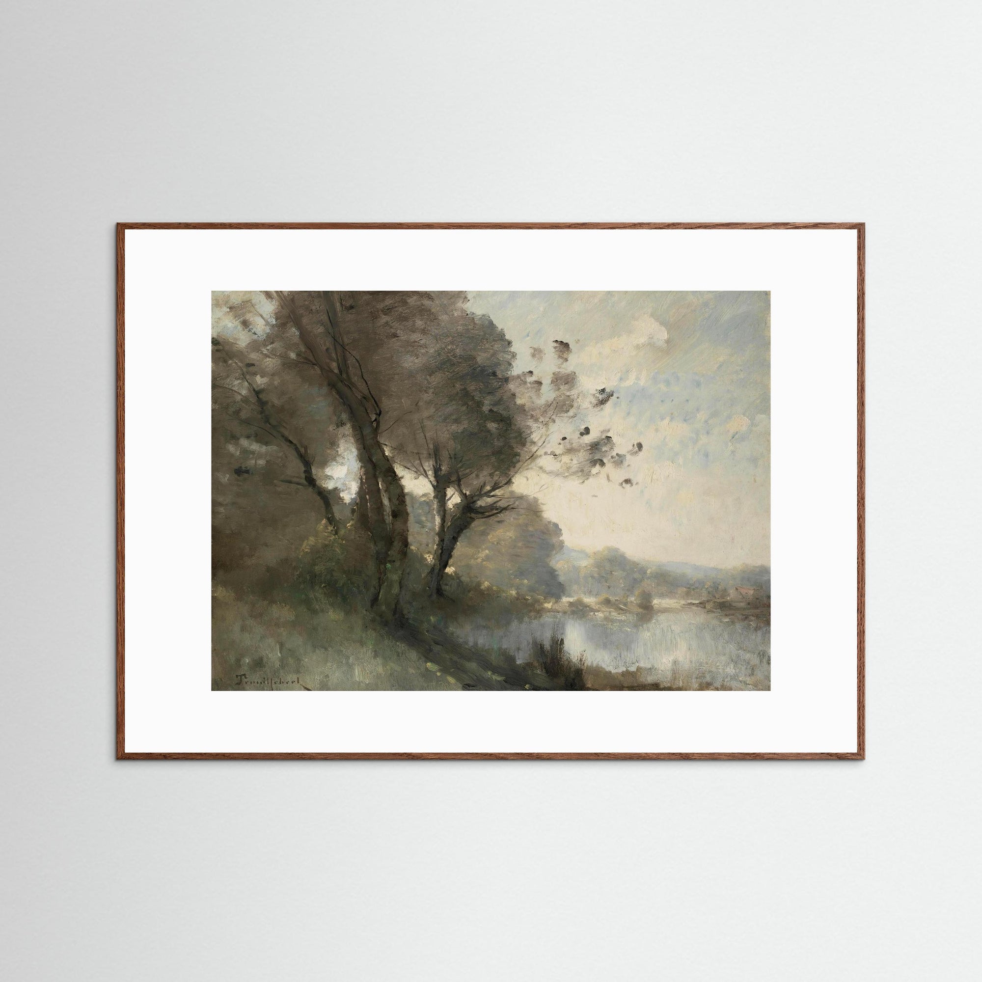 Vintage Riverside Landscape with Trees Fine Art Print Oak Dark White