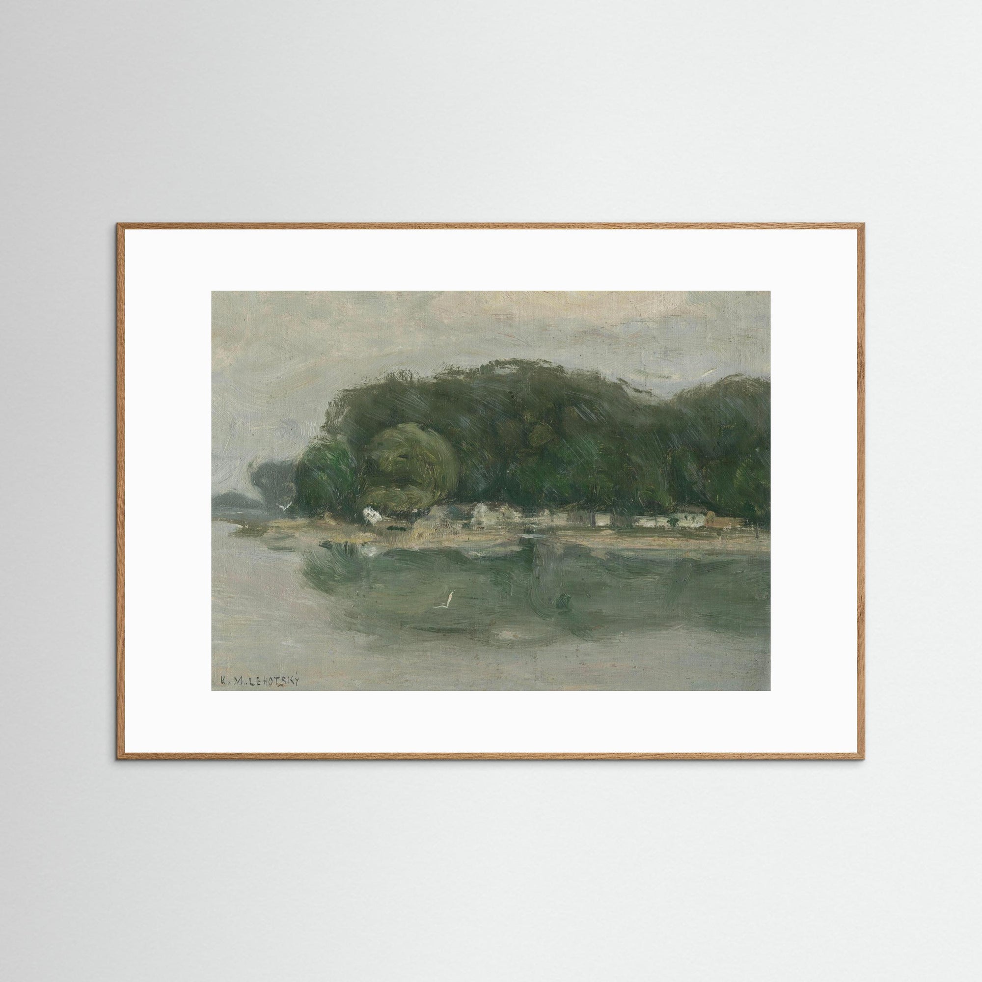 Vintage European Riverside Village Landscape Fine Art Print Oak Nature White